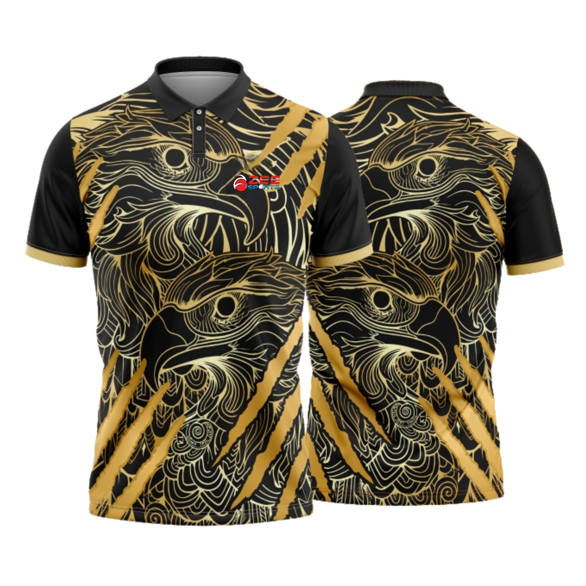 Black and gold patterned polo shirt on a white background