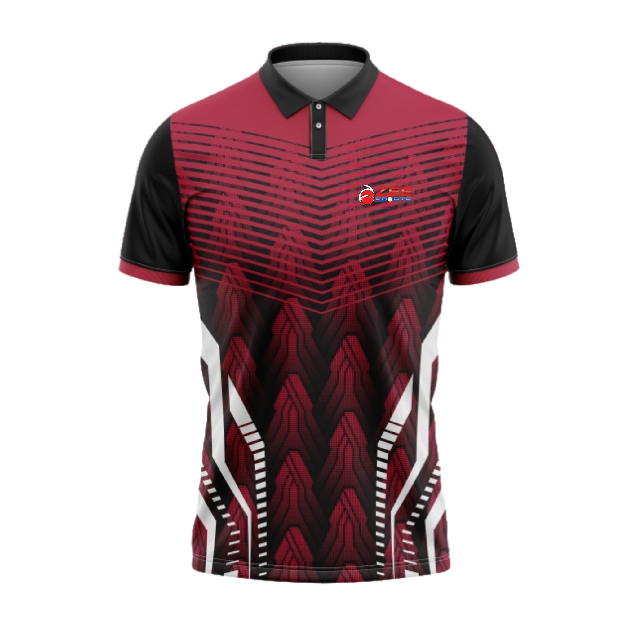 Red and black sports jersey with a logo on a white background