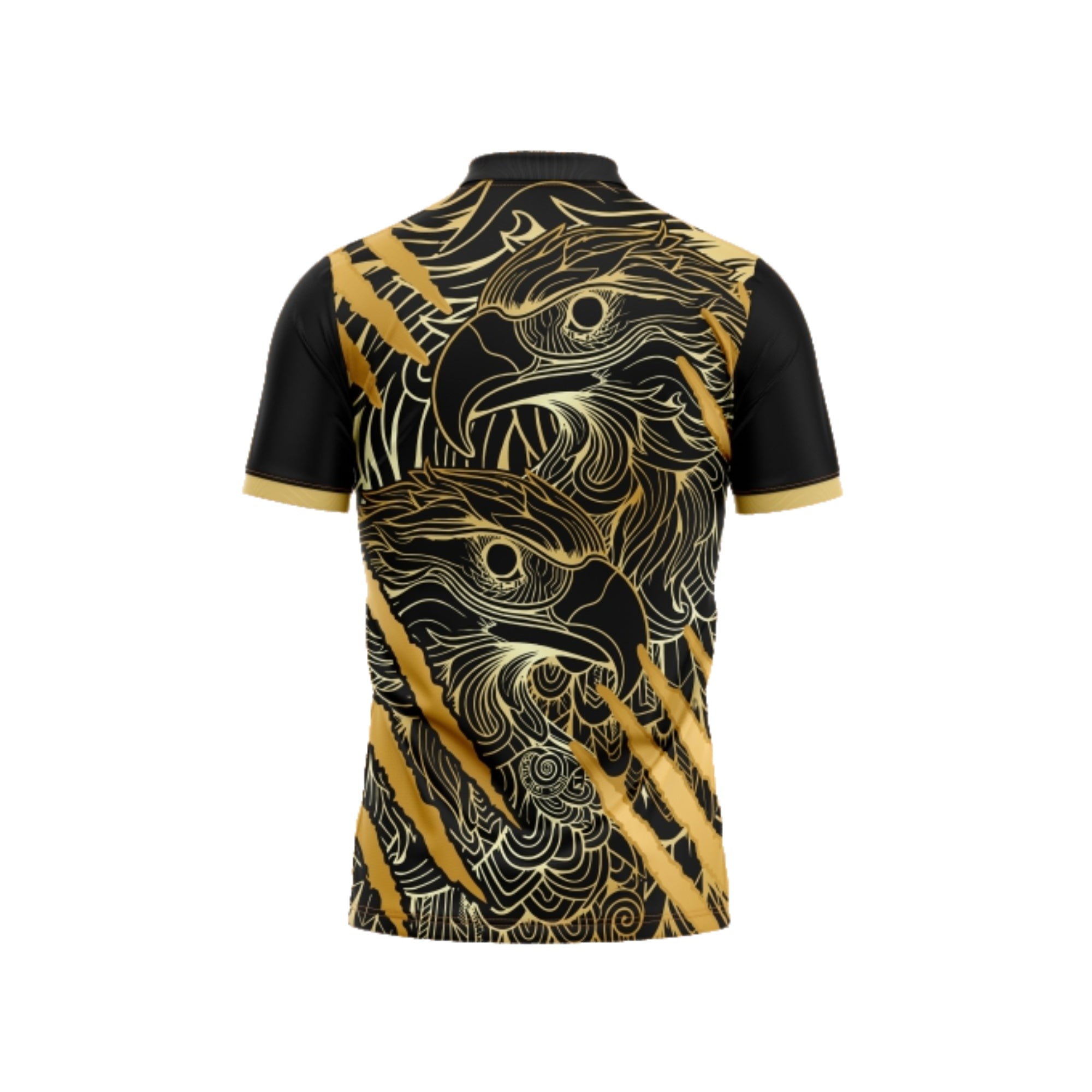 Black and gold sports jersey with intricate design on a white background