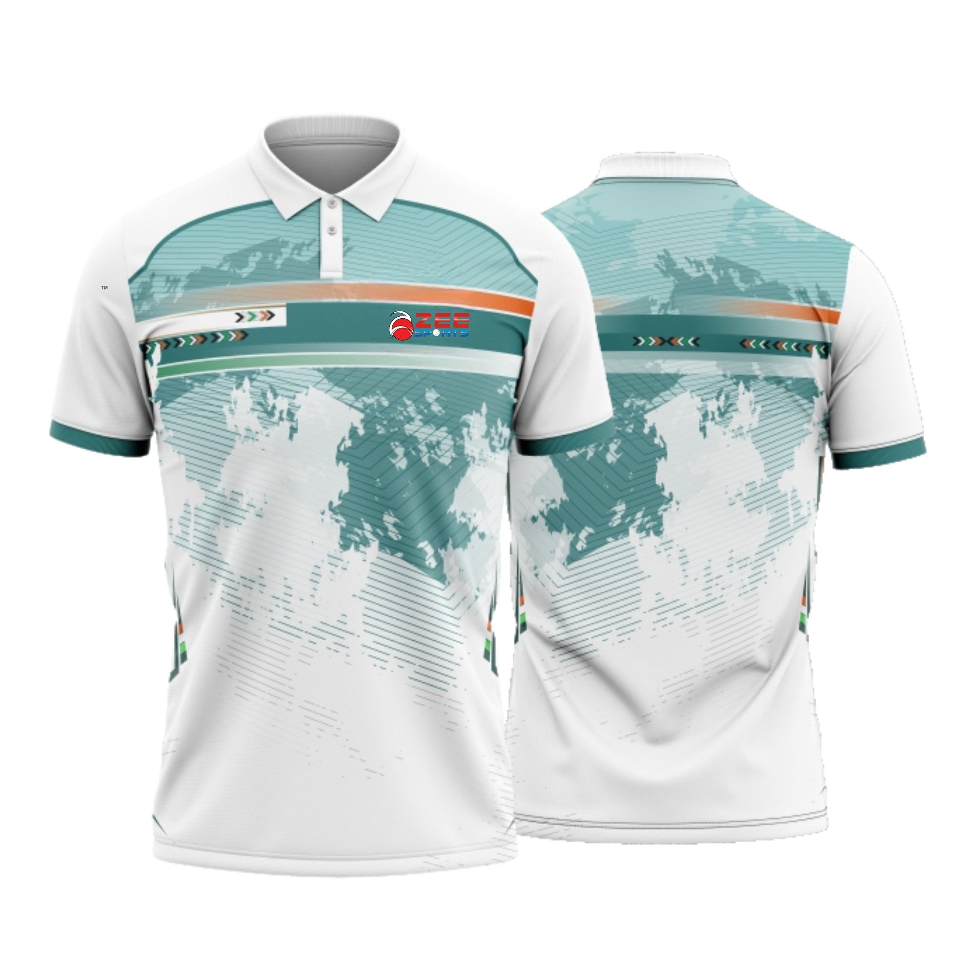 White and teal sports jersey with world map design on a white background