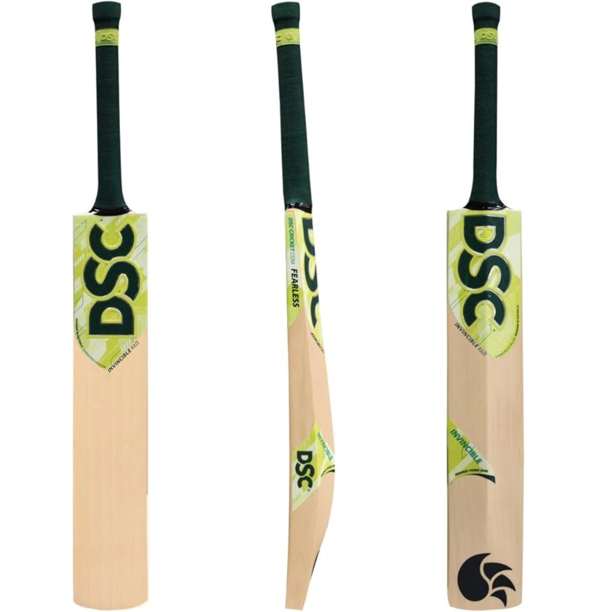 Three cricket bats with DSC branding on a white background