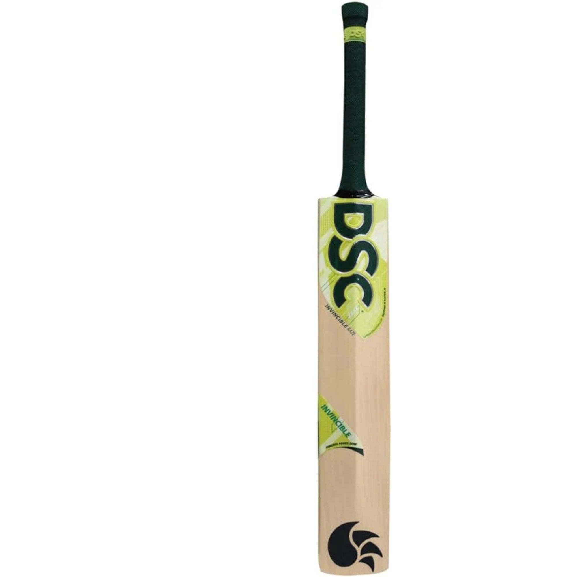 english willow Invincible Raze Crickets bat with DSC logo on a white background