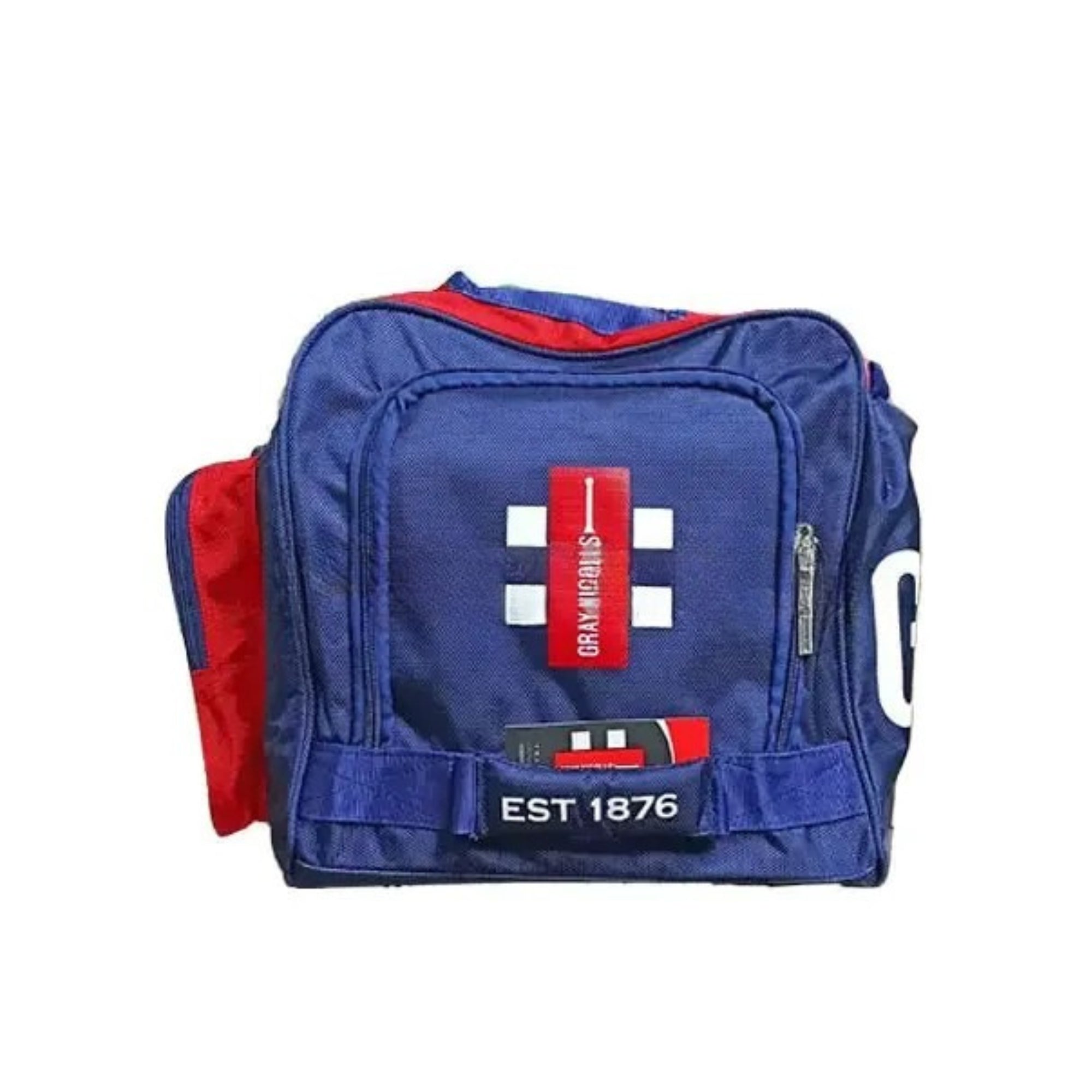 Blue and red backpack with a visible brand logo on a white background