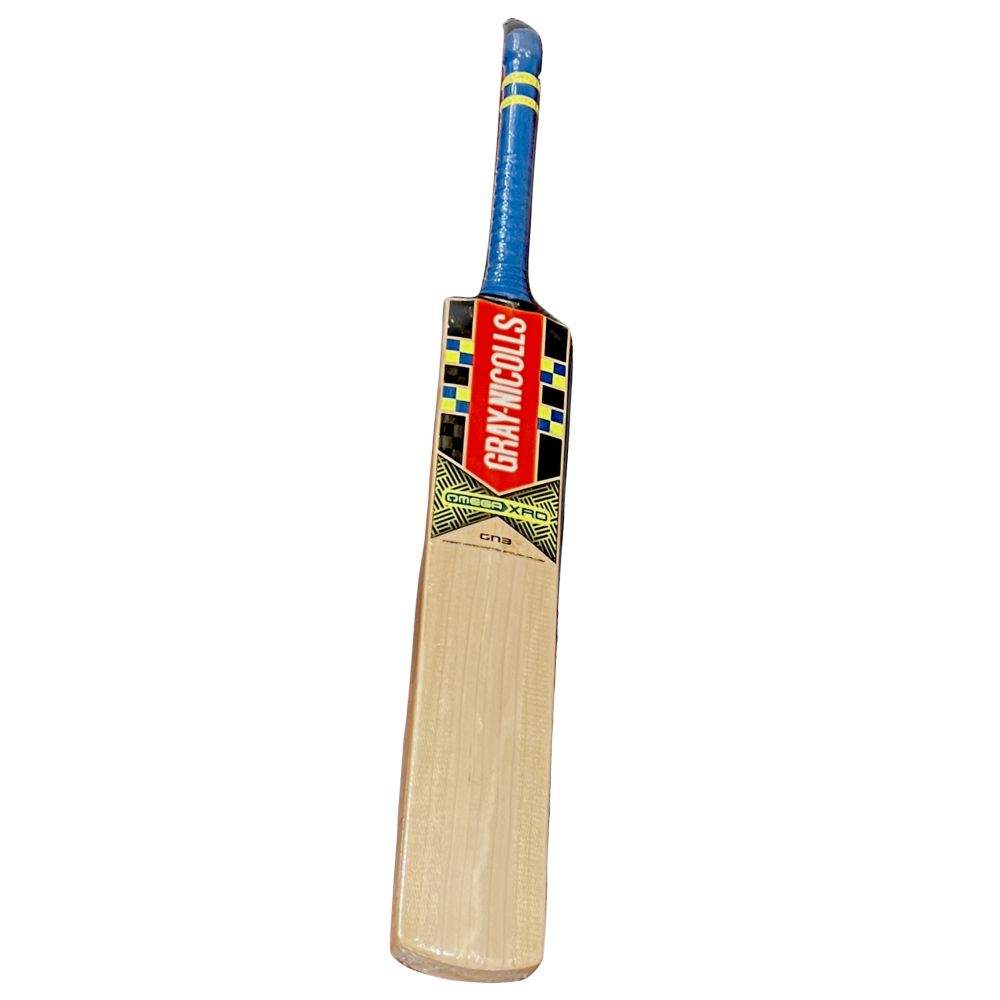 Back view of the Gray Nicolls Omega XRD GN3 English Willow cricket bat, showcasing its smooth blade surface, premium willow grain pattern, and distinct branding for durability and performance.