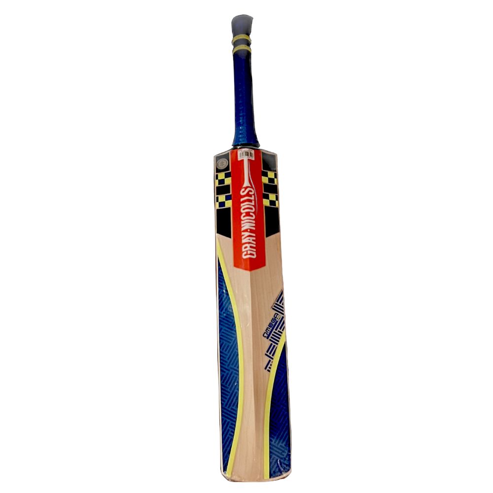 Front view of the Gray Nicolls Omega XRD GN3 English Willow cricket bat, highlighting its sleek blade design, premium English willow grain, and iconic branding for optimal performance.