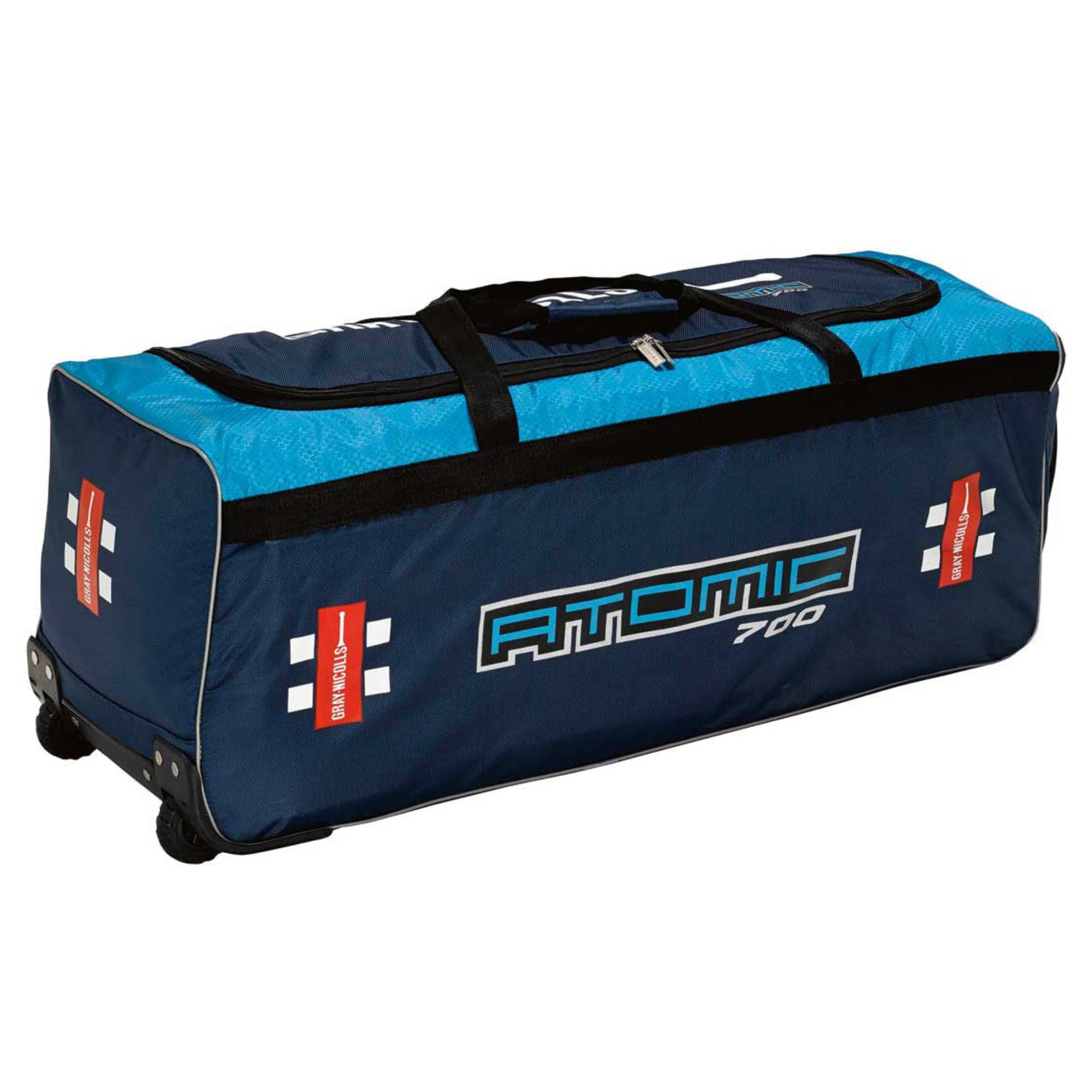 Blue and black sports bag with 'Atomic' branding on a white background