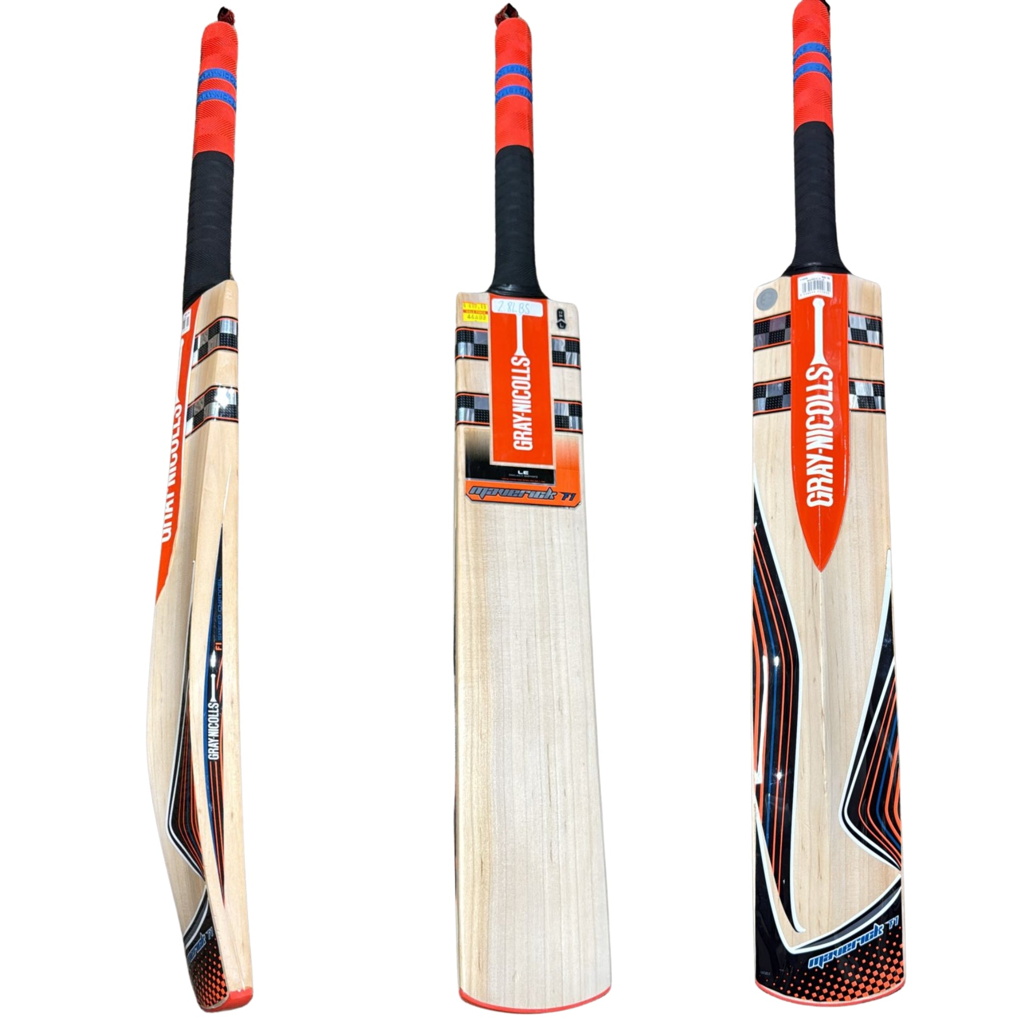 Three gray nicolls cricket bats with visible branding on a white background