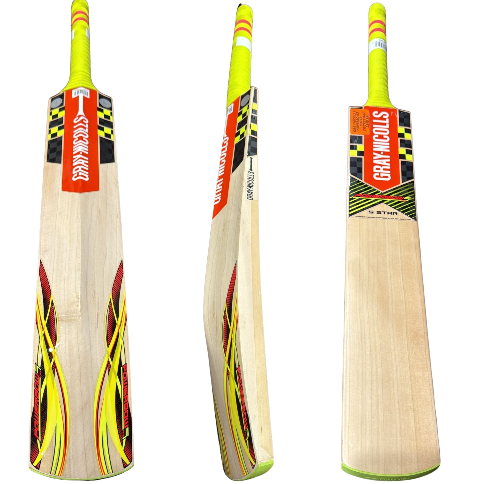 Three cricket bats with Gray-Nicolls branding on a white background