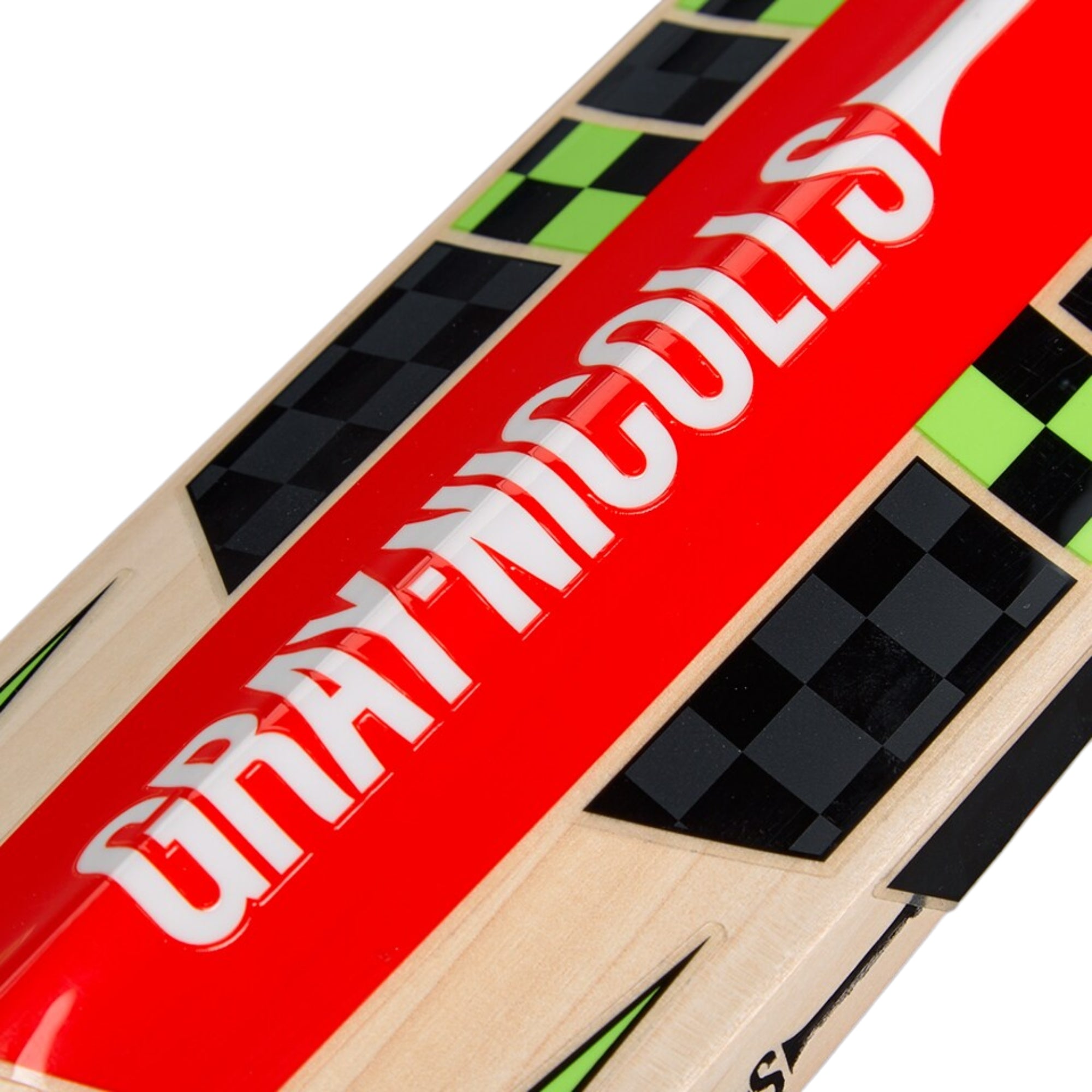 Wooden gray nicolls cricket bat with red and black 'Griffiths' branding on a white background