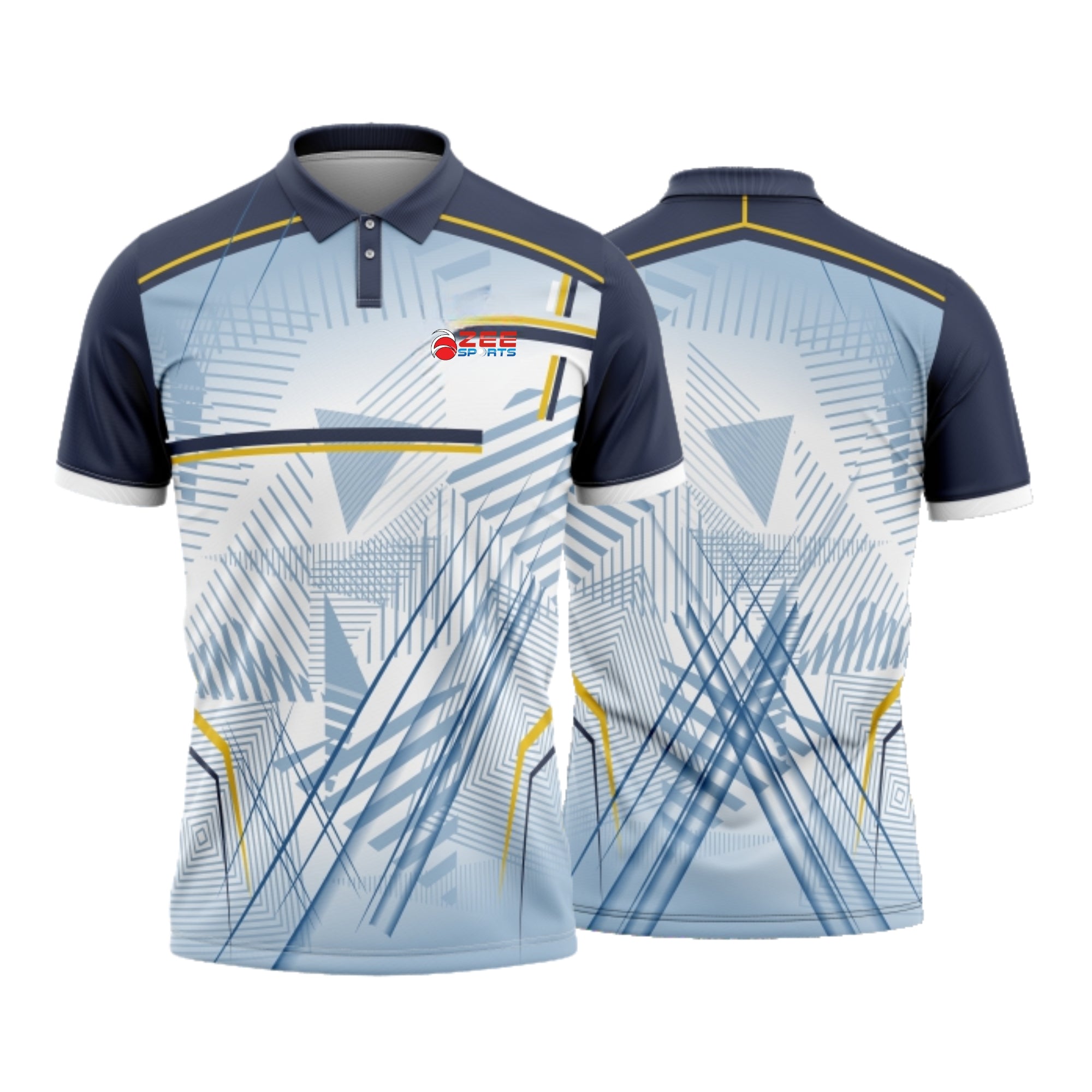 Navy and light blue sports jersey with geometric pattern on a white background