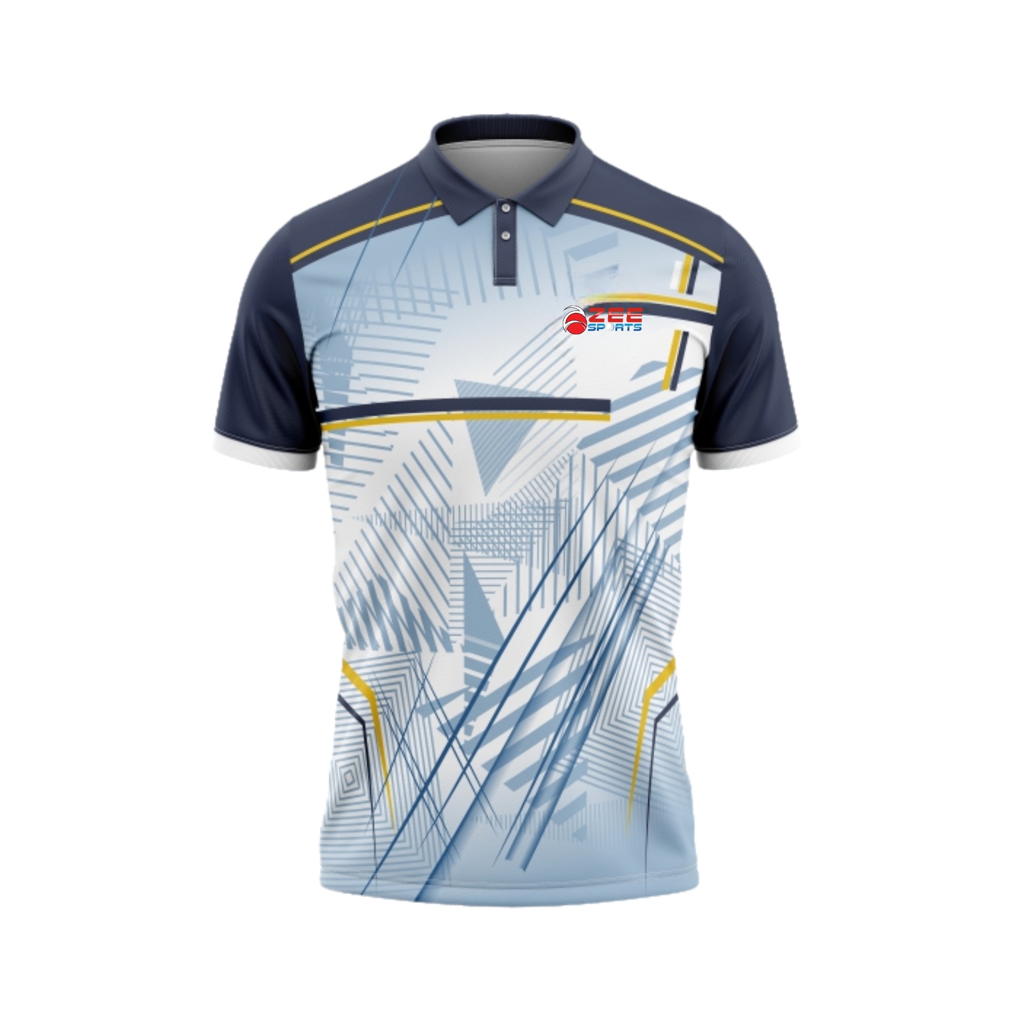 Blue and gray sports jersey with geometric pattern on a white background