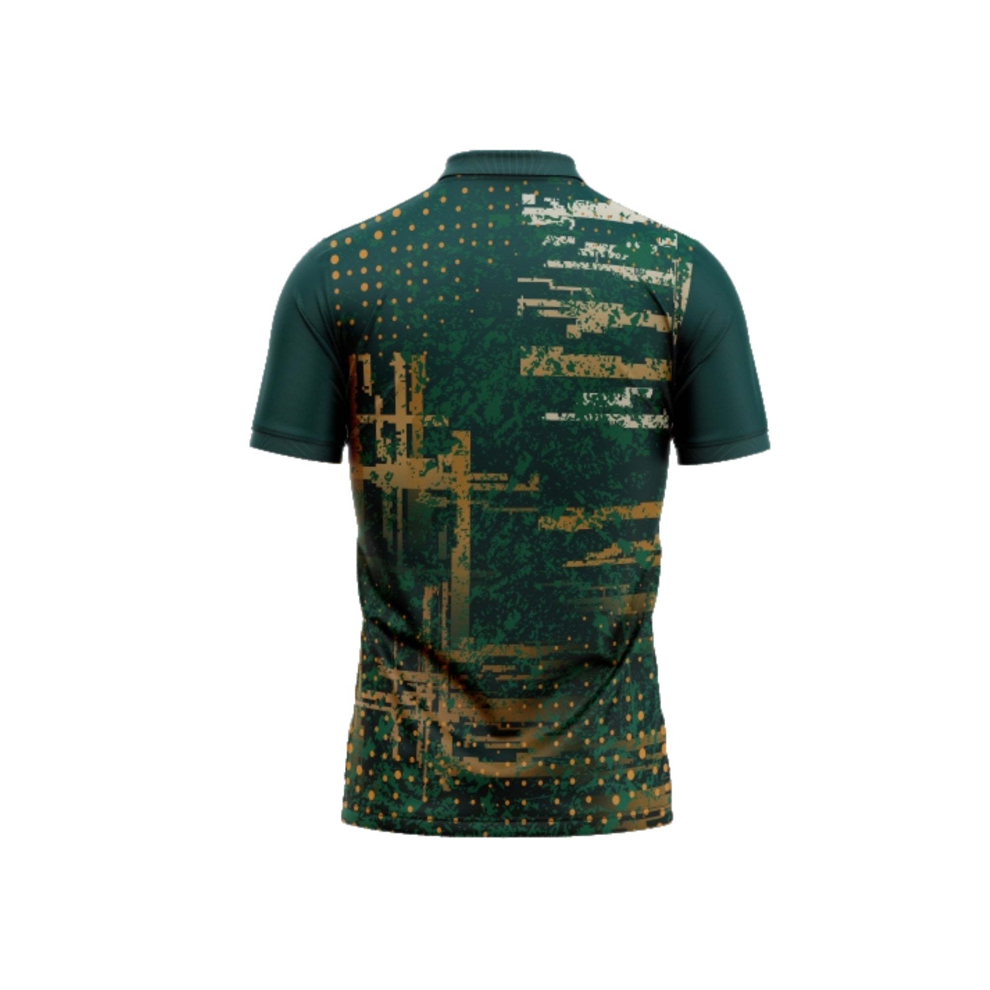 Green polo shirt with abstract pattern on a white background