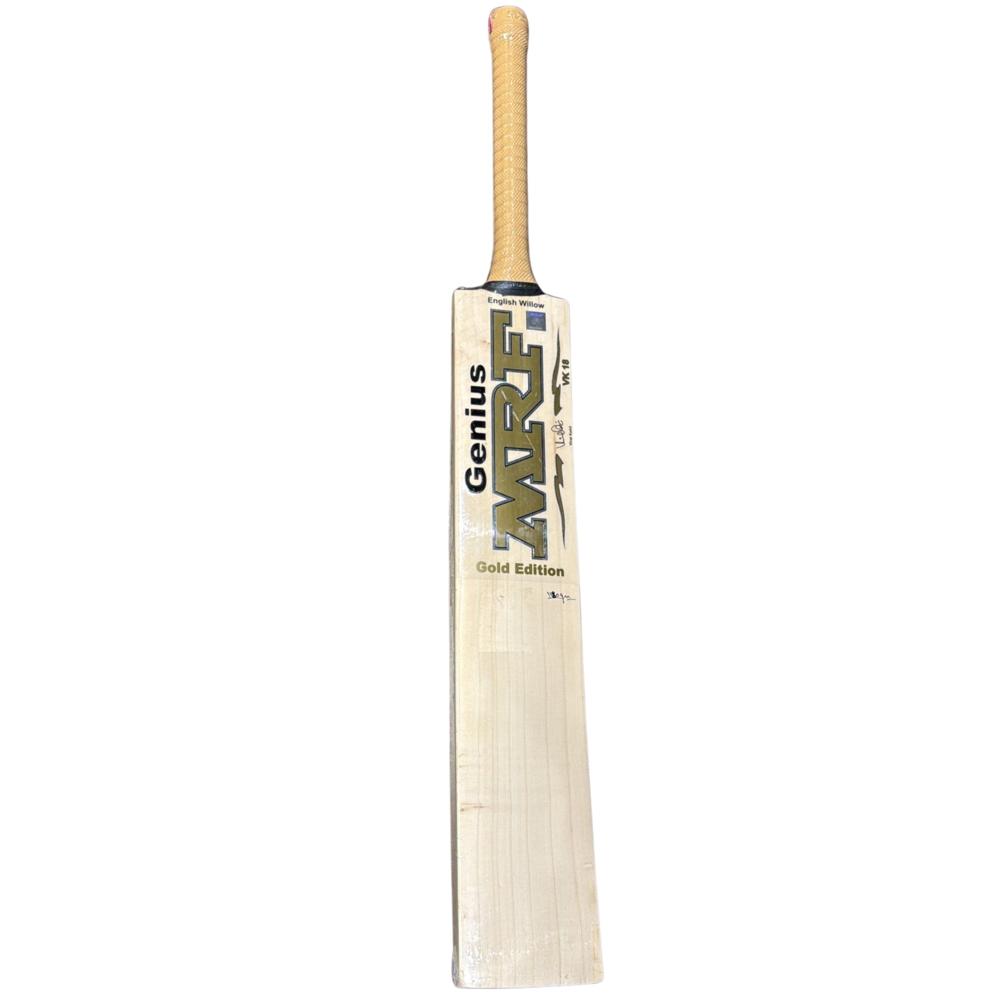 Cricket bat with golden branding on a white background