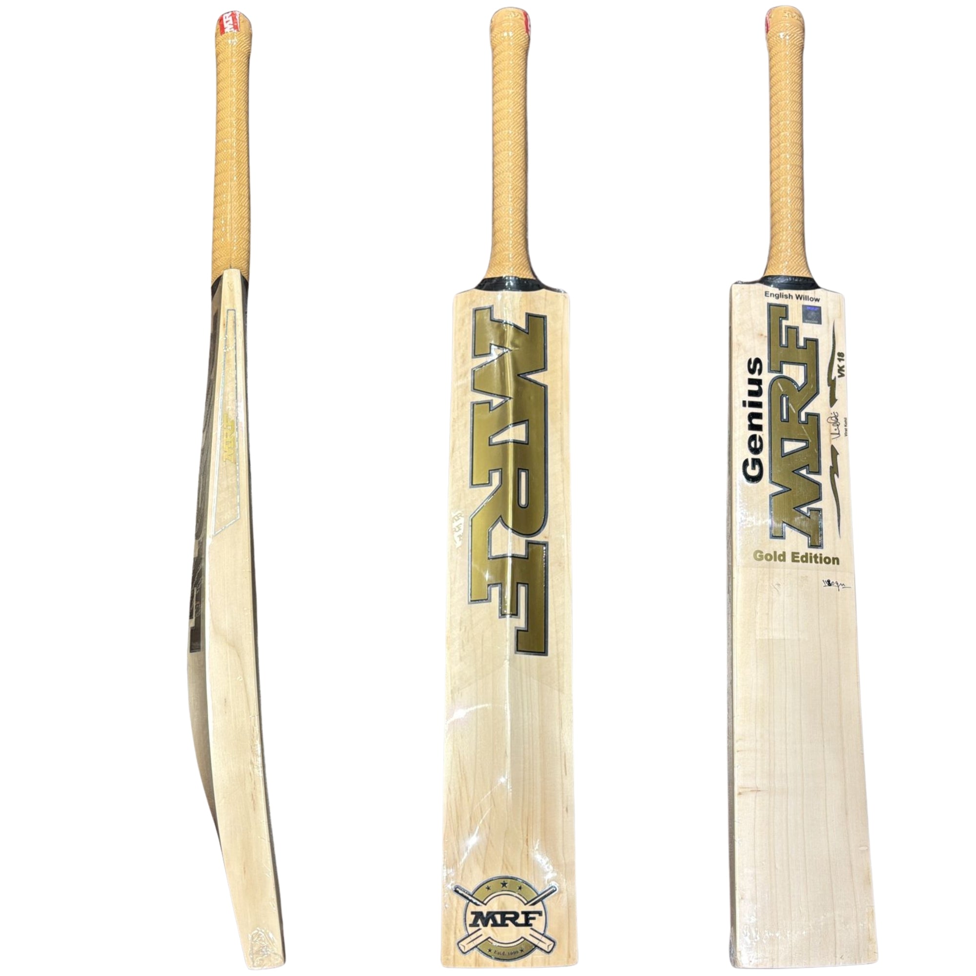 Three MRF cricket bats on a white background