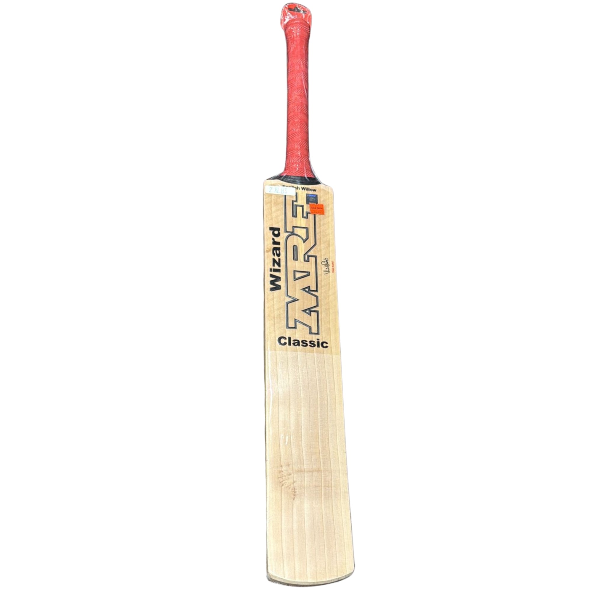 Cricket bat with red handle and visible MRF branding on a white background