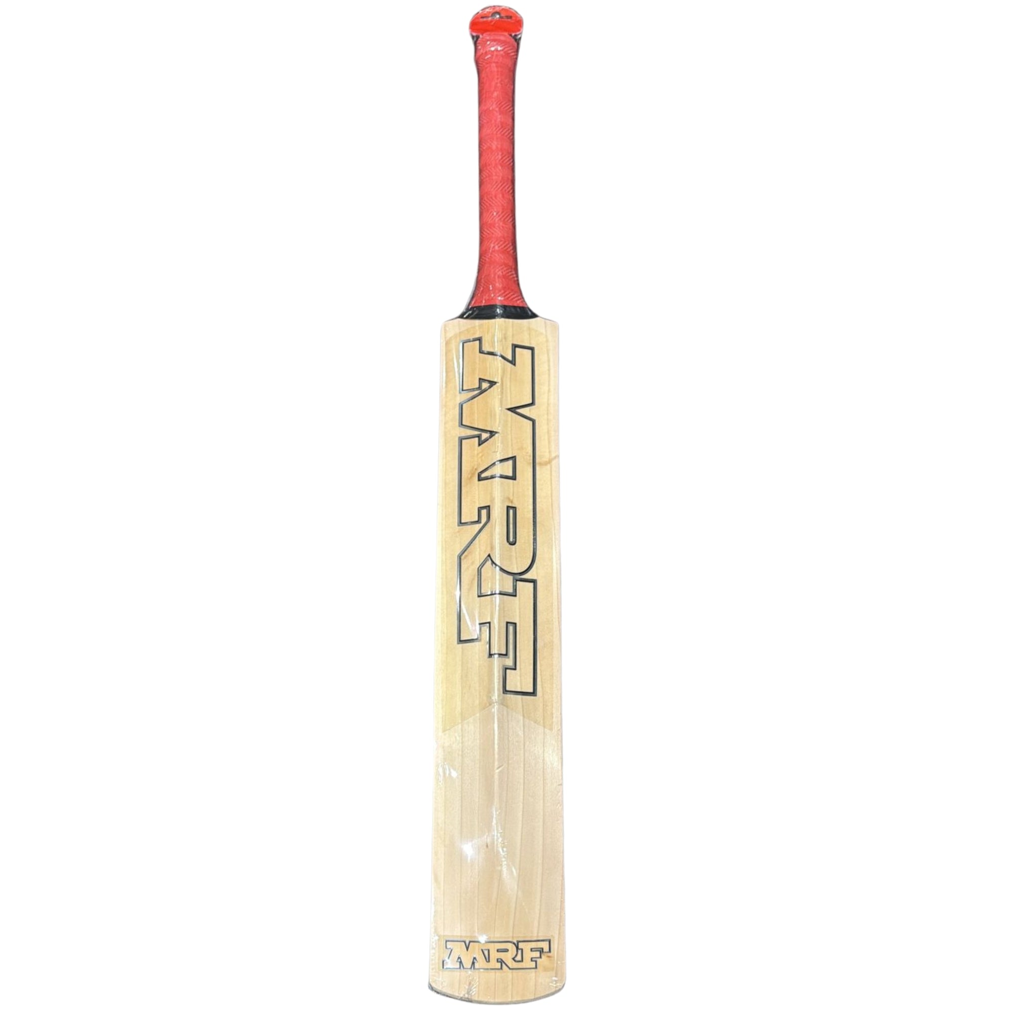 MRF Cricket bat with red handle on a white background