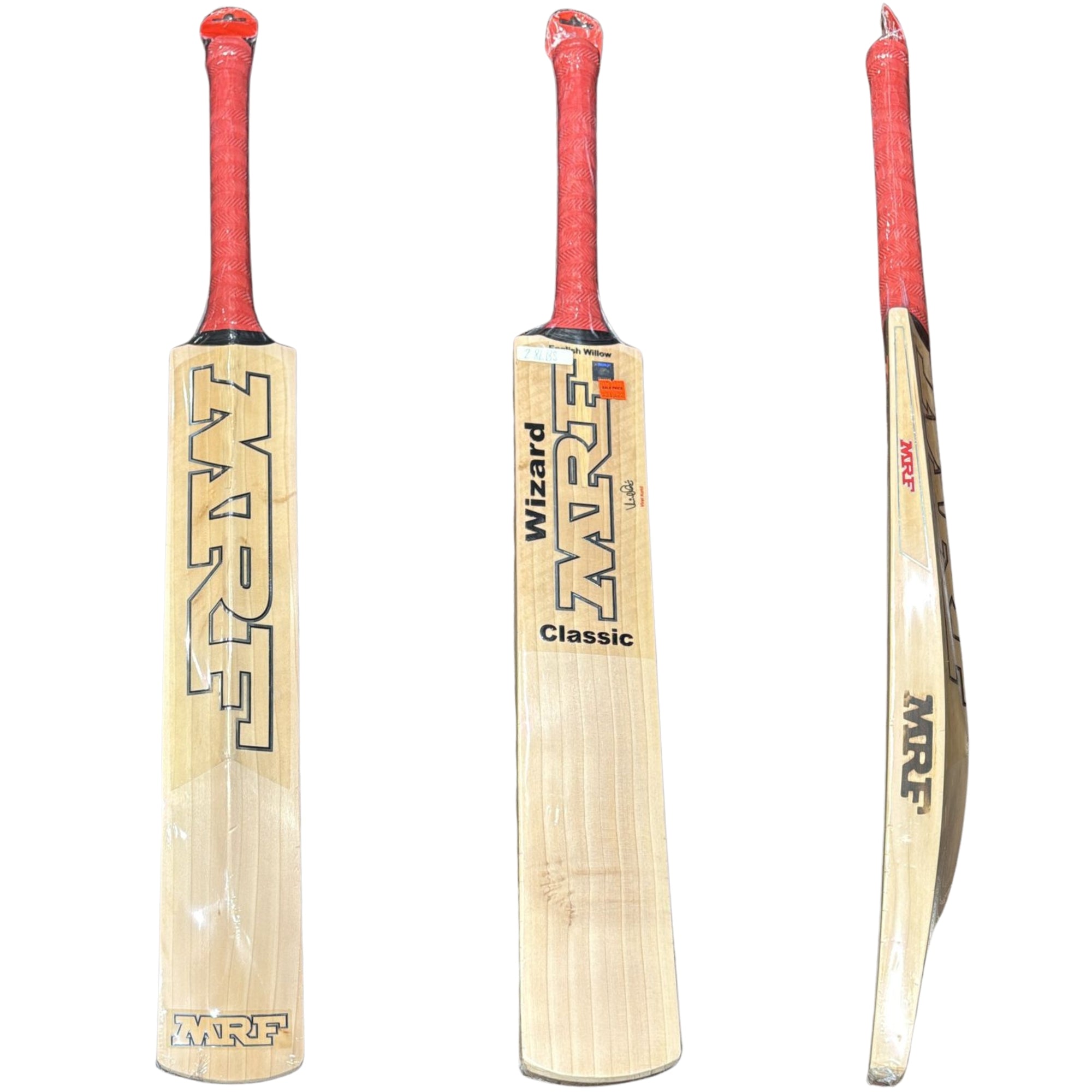 Three views of a cricket bat with MRF branding on a white background