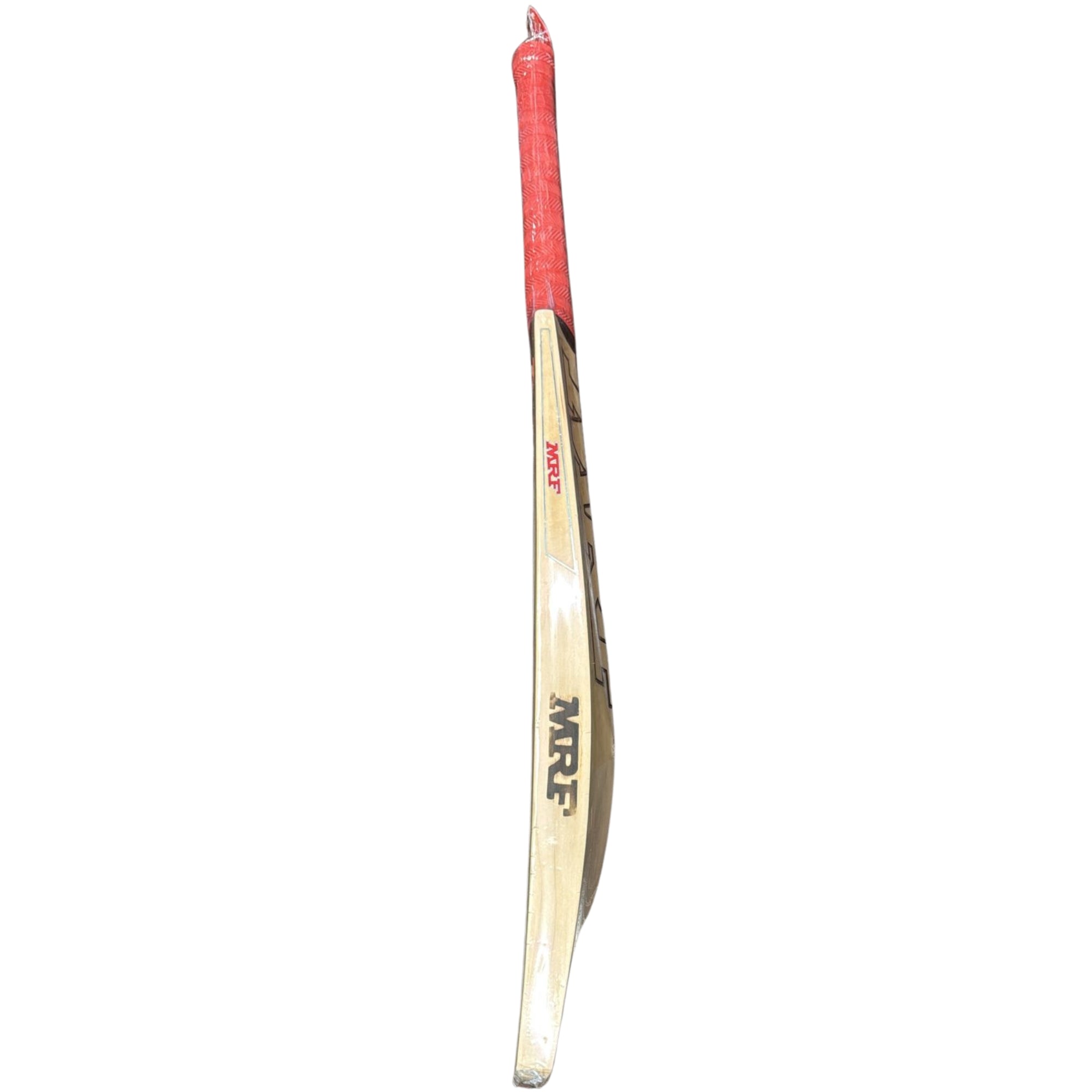 Wooden MRF cricket bat with red handle on a white background