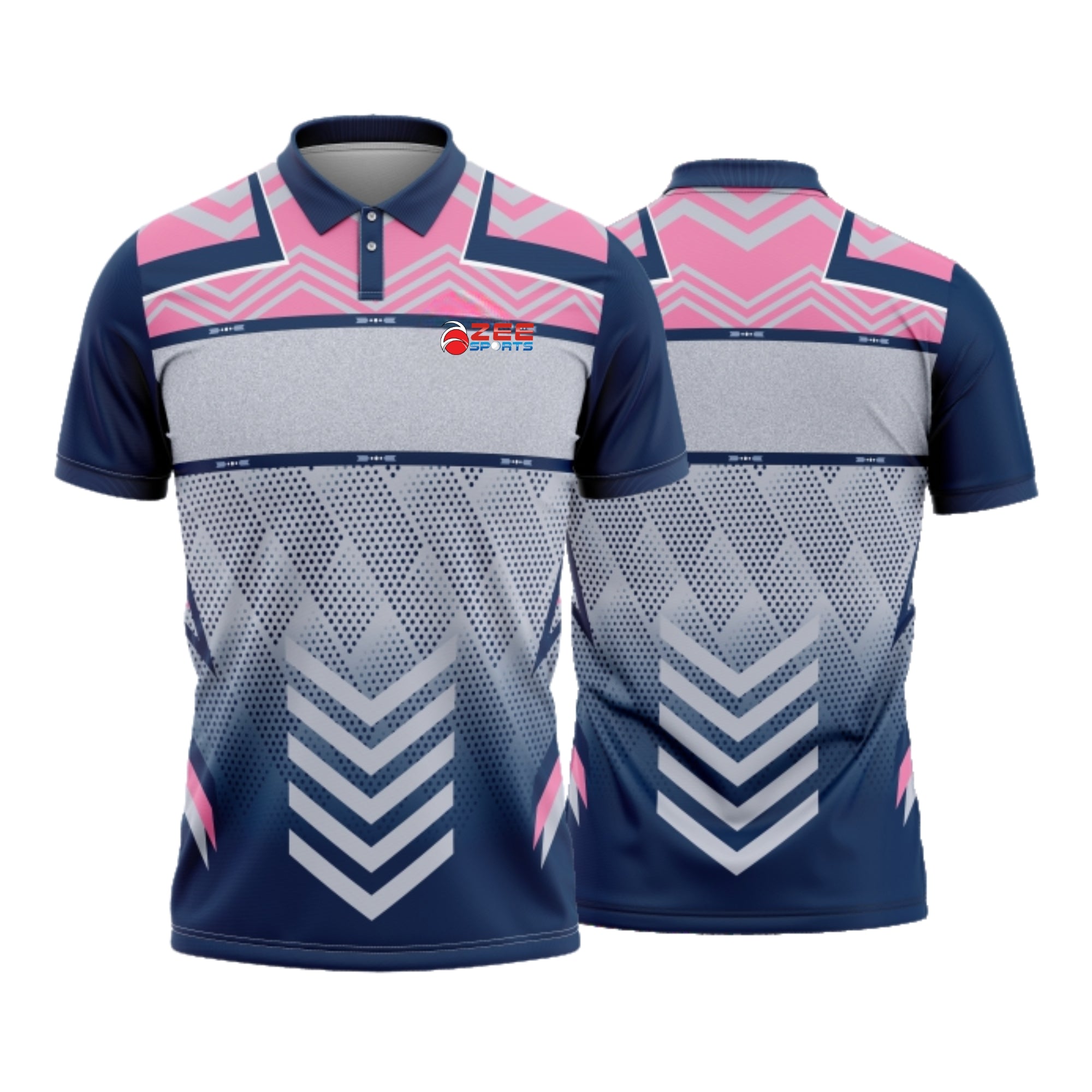 Navy and pink polo shirt with geometric patterns on a white background