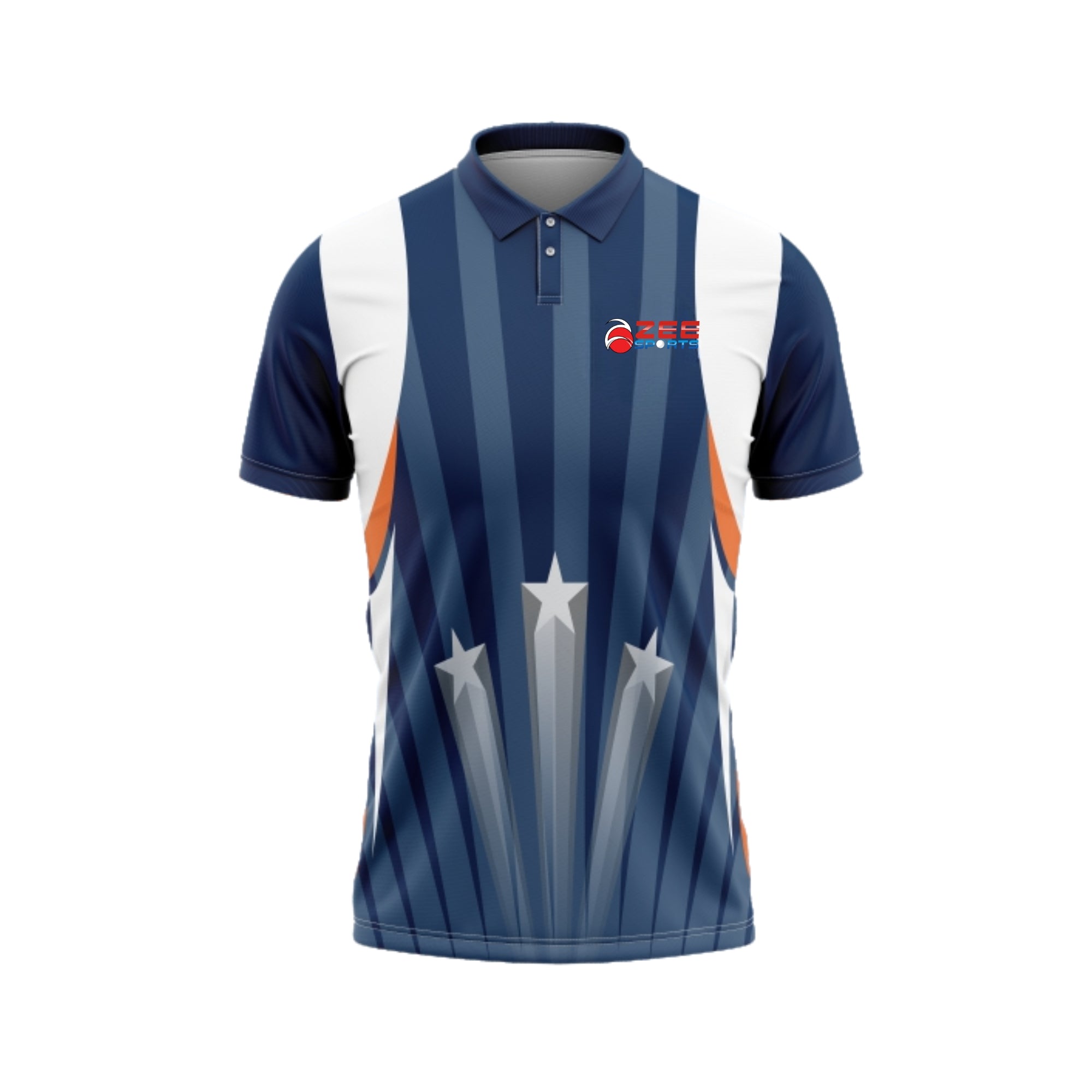 Navy and white sports jersey with star design on a white background