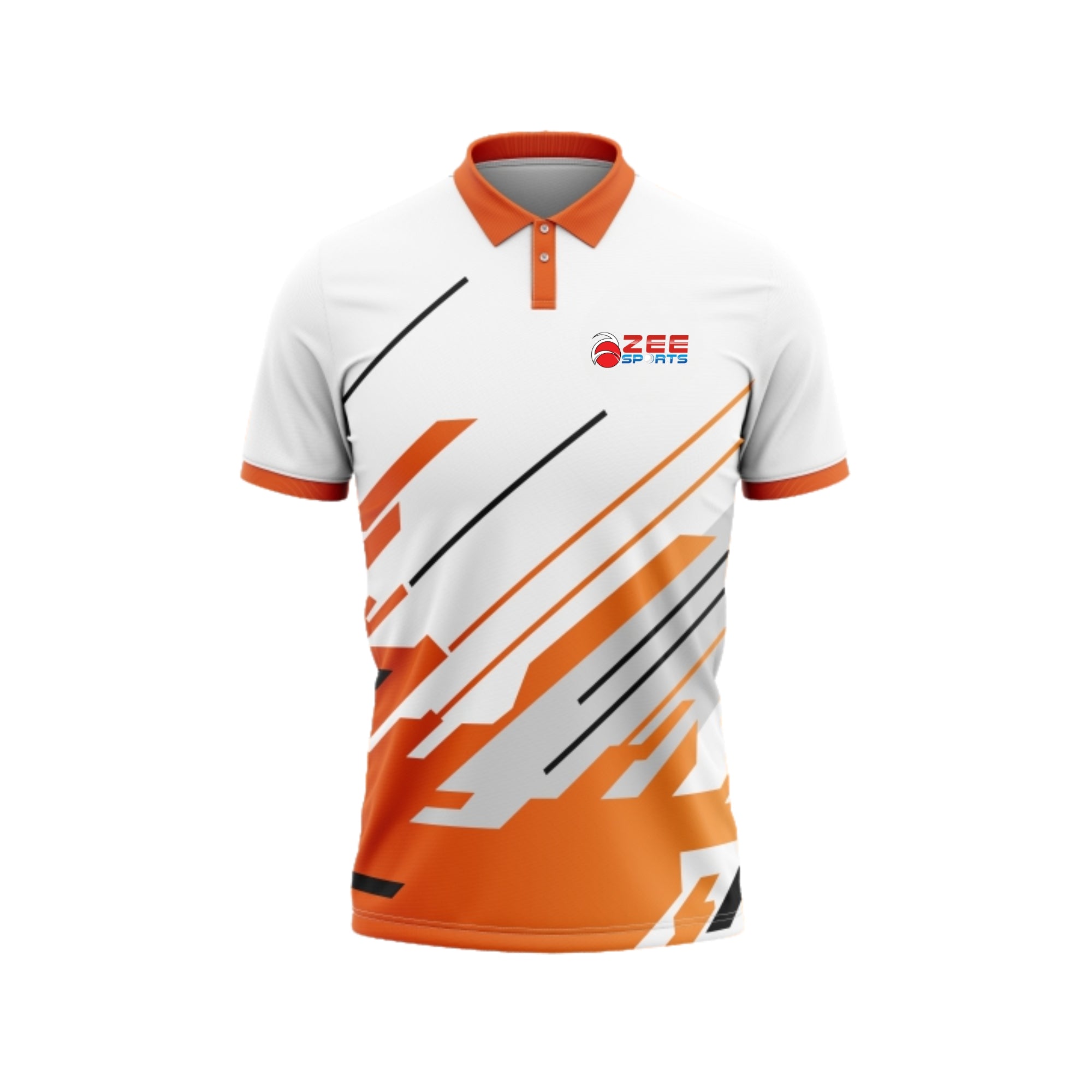 White and orange polo shirt with a zeesports brand logo on a white background