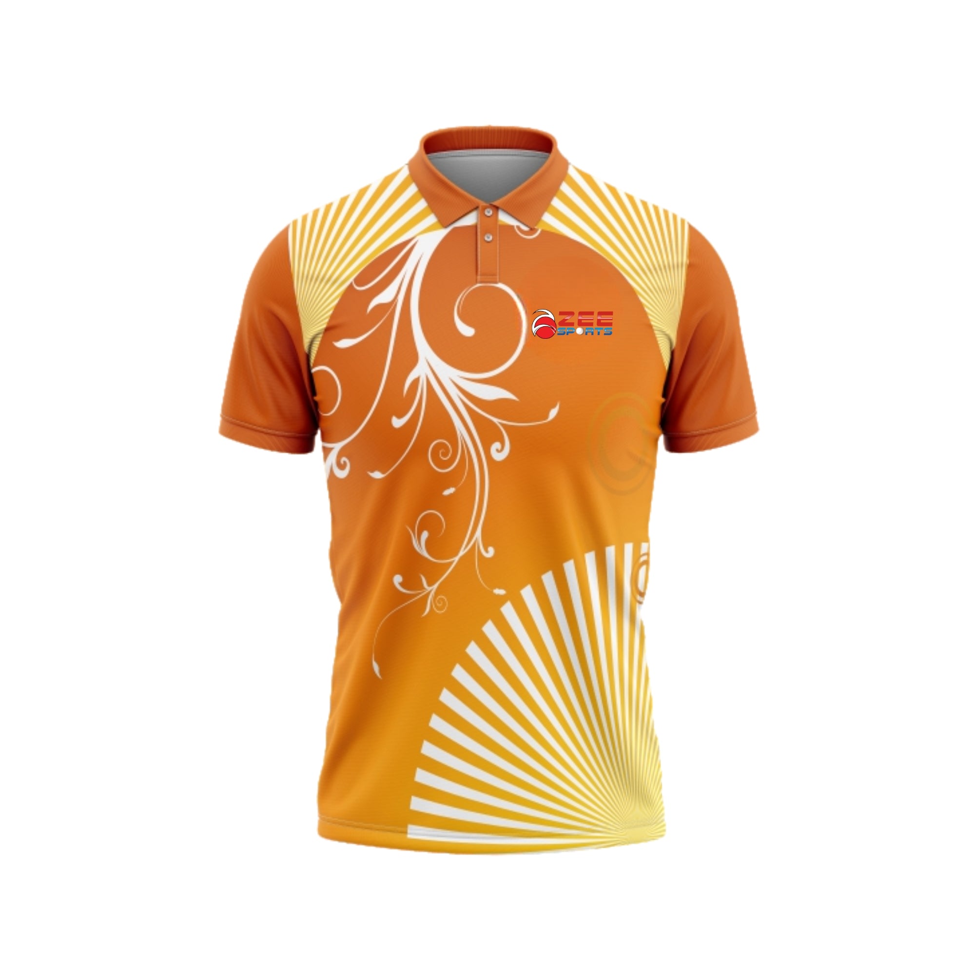 Orange and yellow sports jersey with decorative patterns on a white background
