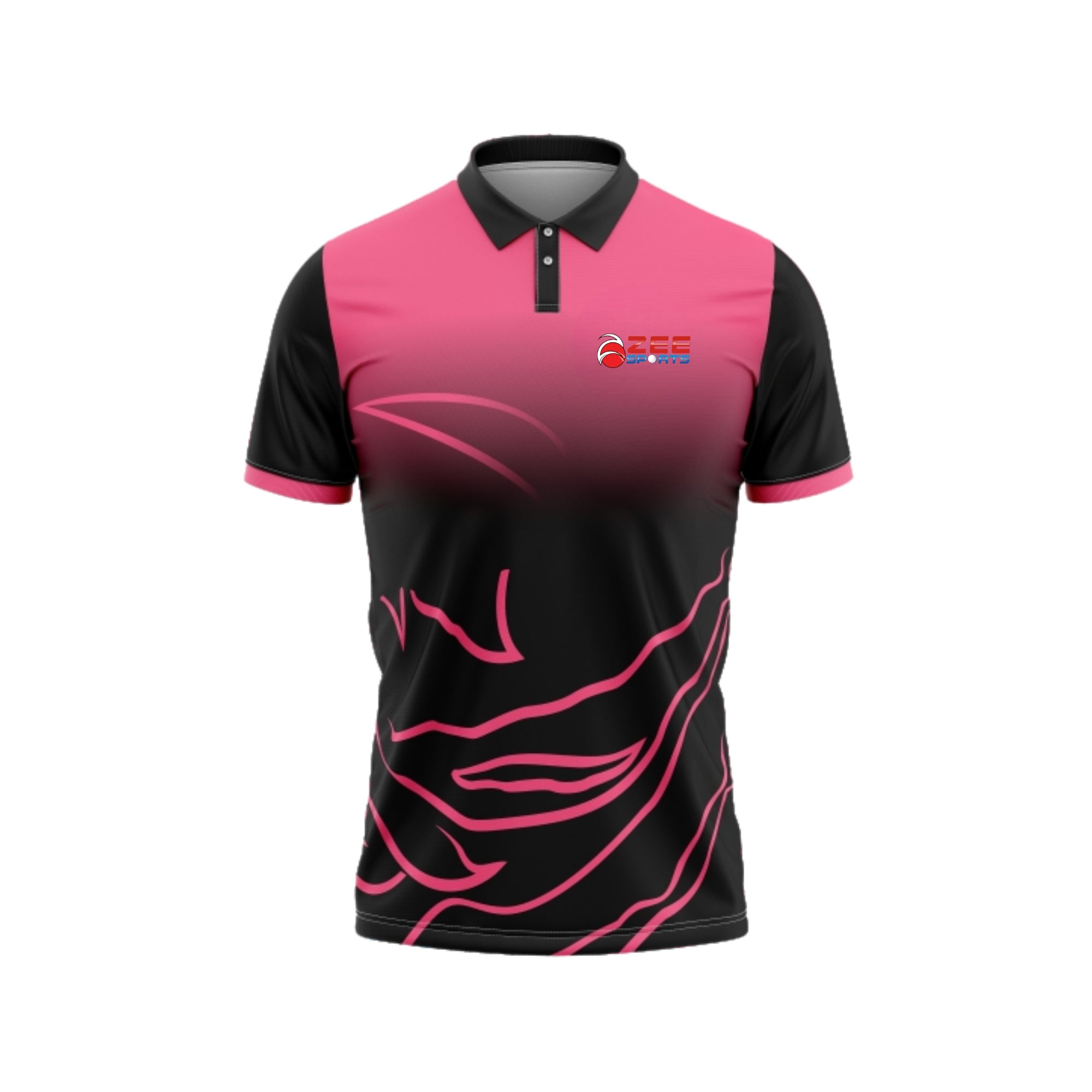 Black and pink polo shirt with a logo on a white background