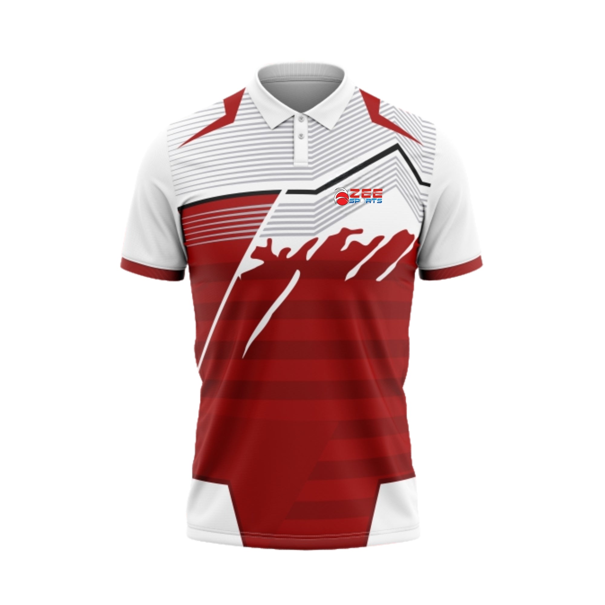 Red and white sports jersey with a logo on a white background