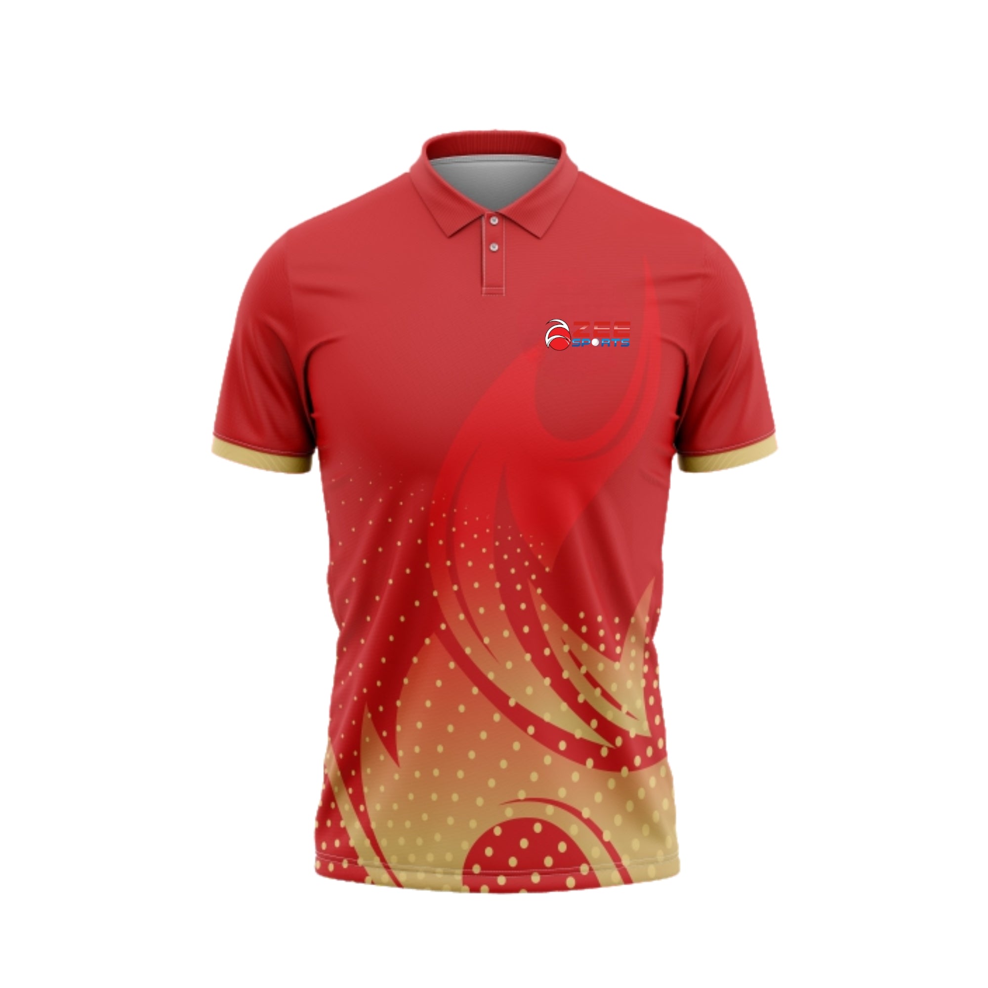 Red and gold polo shirt with a logo on a white background