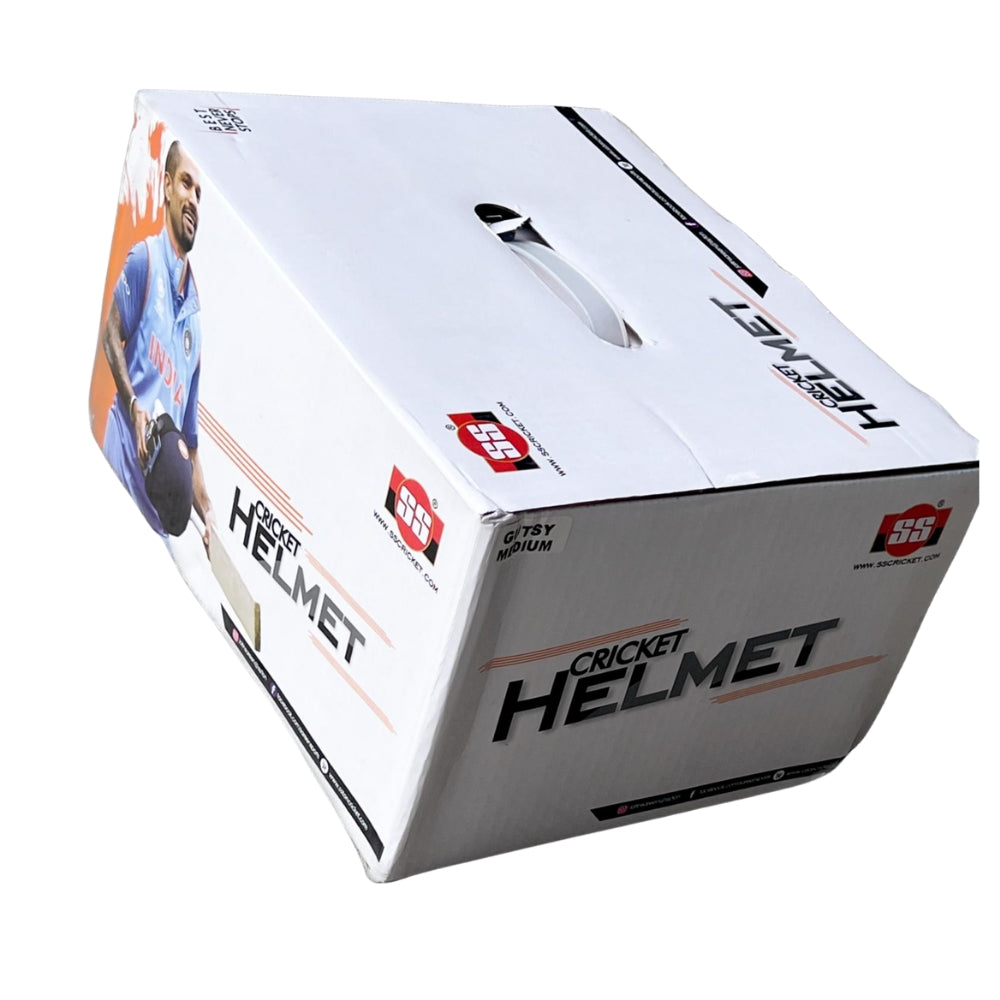 Packaging carton of the SS Gutsy cricket batting helmet in navy blue, featuring brand logo, product specifications, size range, and safety standards for shipping and storage.