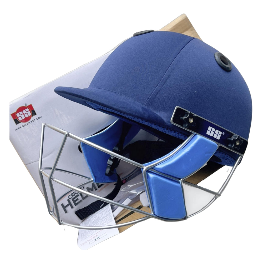 Side view of the SS Gutsy cricket batting helmet, showcasing adjustable straps and smooth ventilation holes for optimal airflow and comfort.