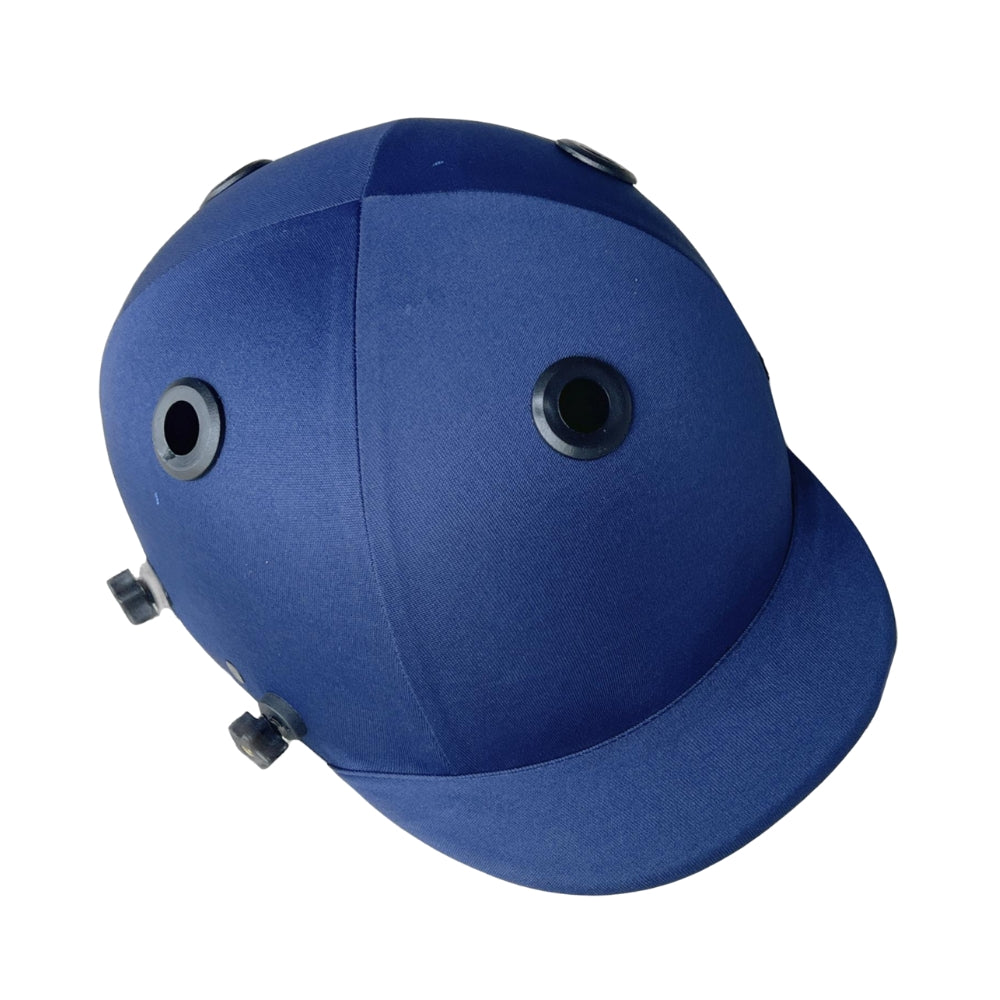 Top view of the SS Gutsy cricket batting helmet in navy blue, highlighting the mesh-protected ventilation holes for optimal airflow and cooling during play.