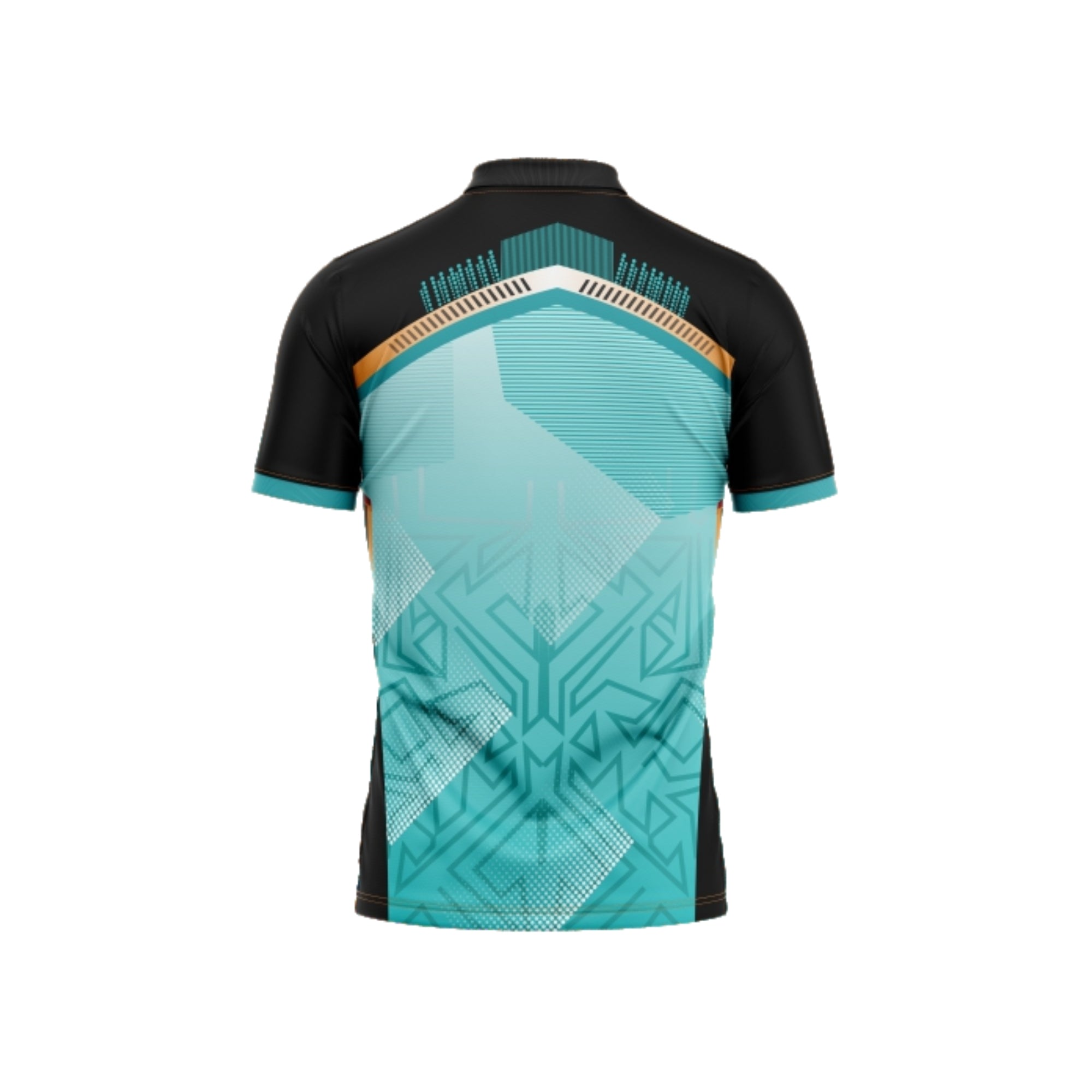 Black and teal sports jersey with geometric patterns on a white background
