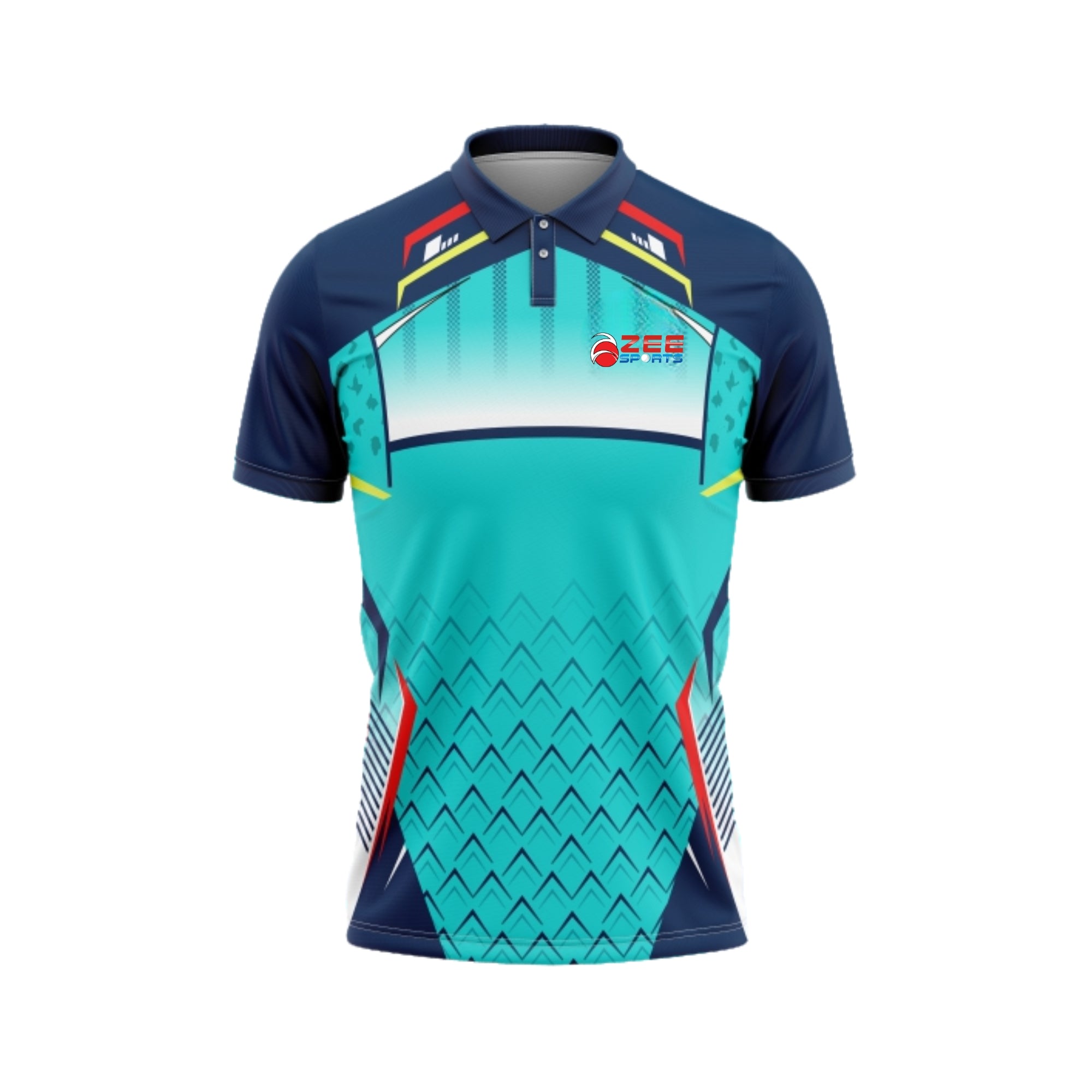 Teal and navy sports jersey with geometric pattern on a white background