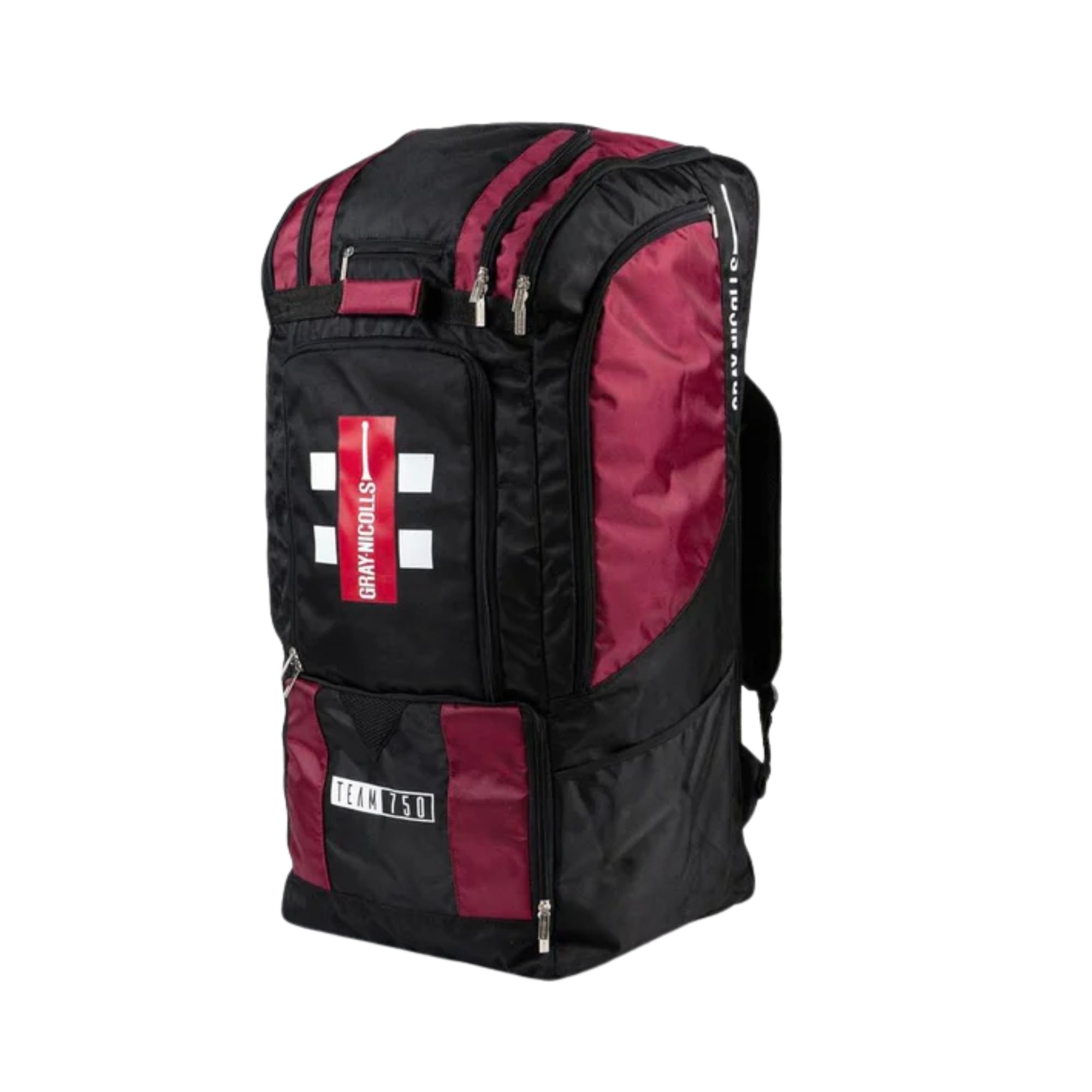 Black and red backpack with visible branding on a white background