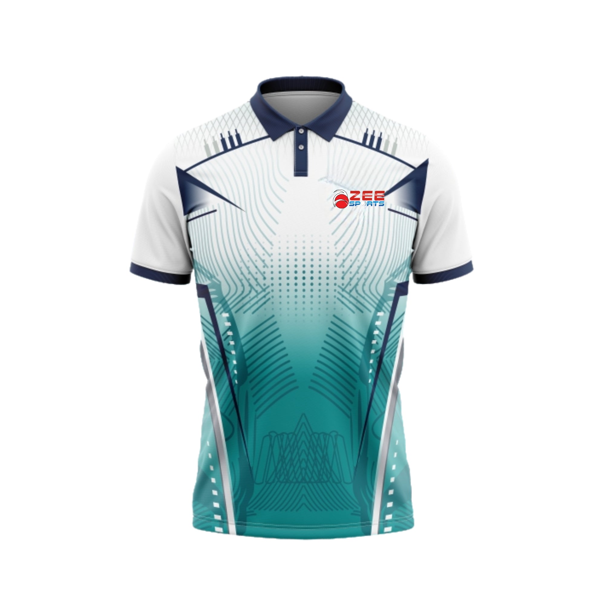 Teal and white sports jersey with branding on a white background