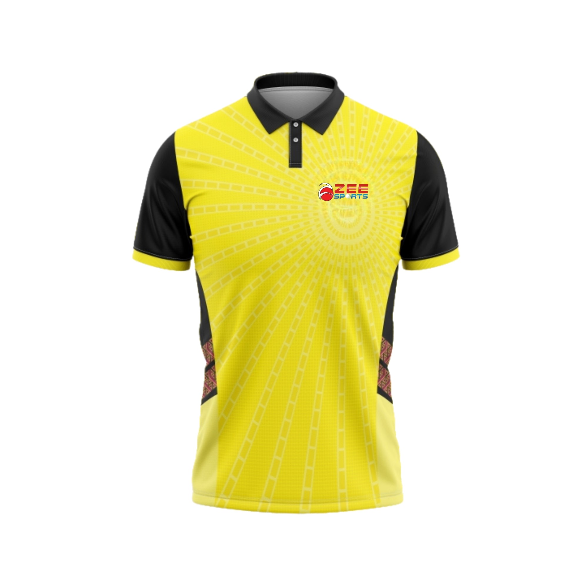 Yellow and black polo shirt with a zeesports brand logo on a white background