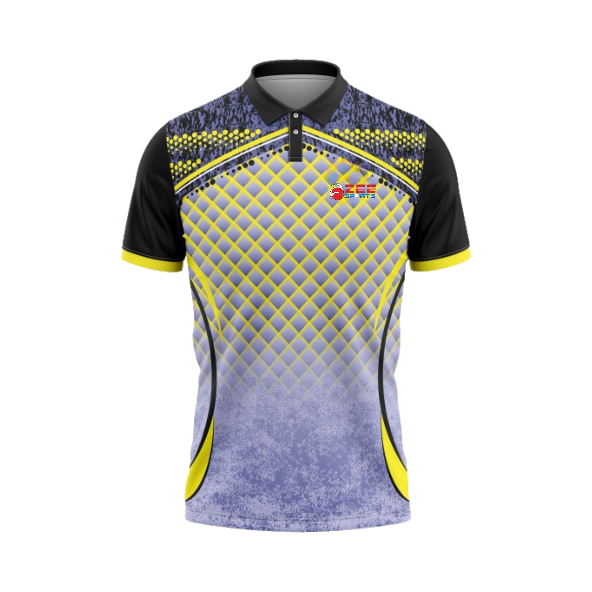 Cricket shirt with black, yellow, and gray design on a white background