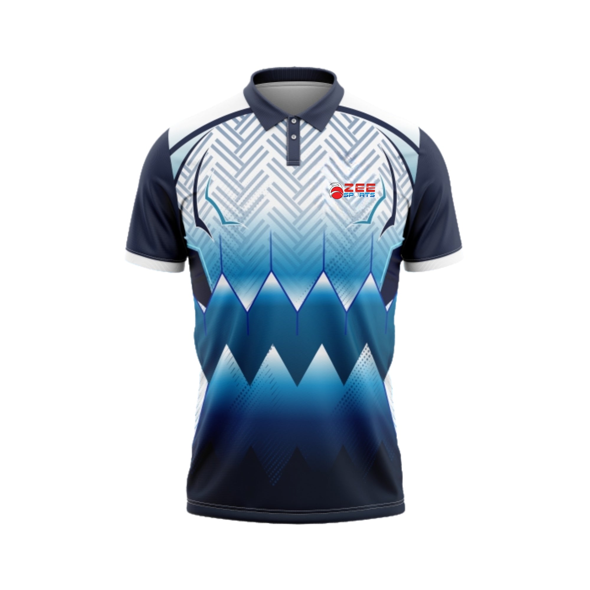 Blue and white sports jersey with a zeesports brand logo on a white background