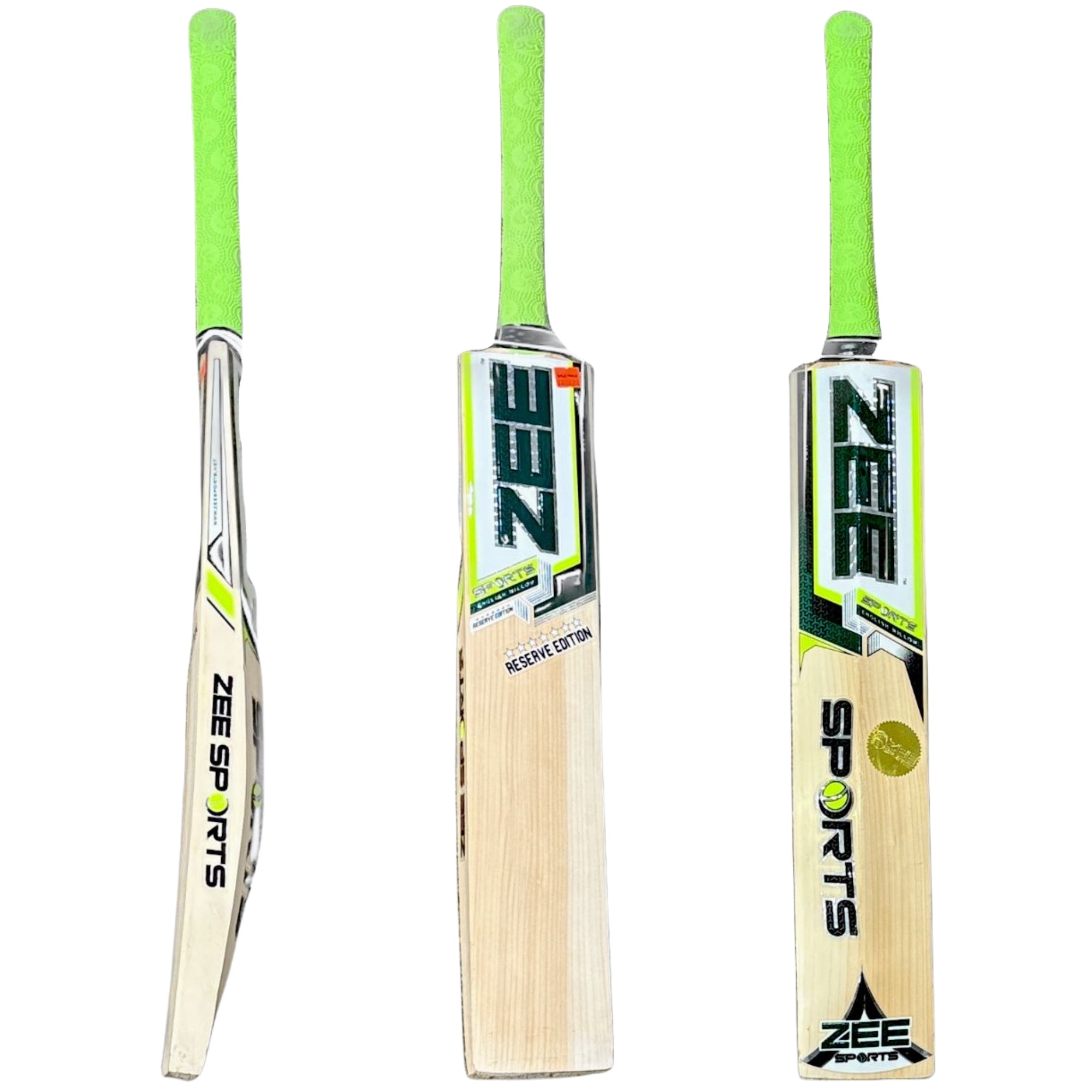 Three cricket bats with Zee Sports branding on a white background
