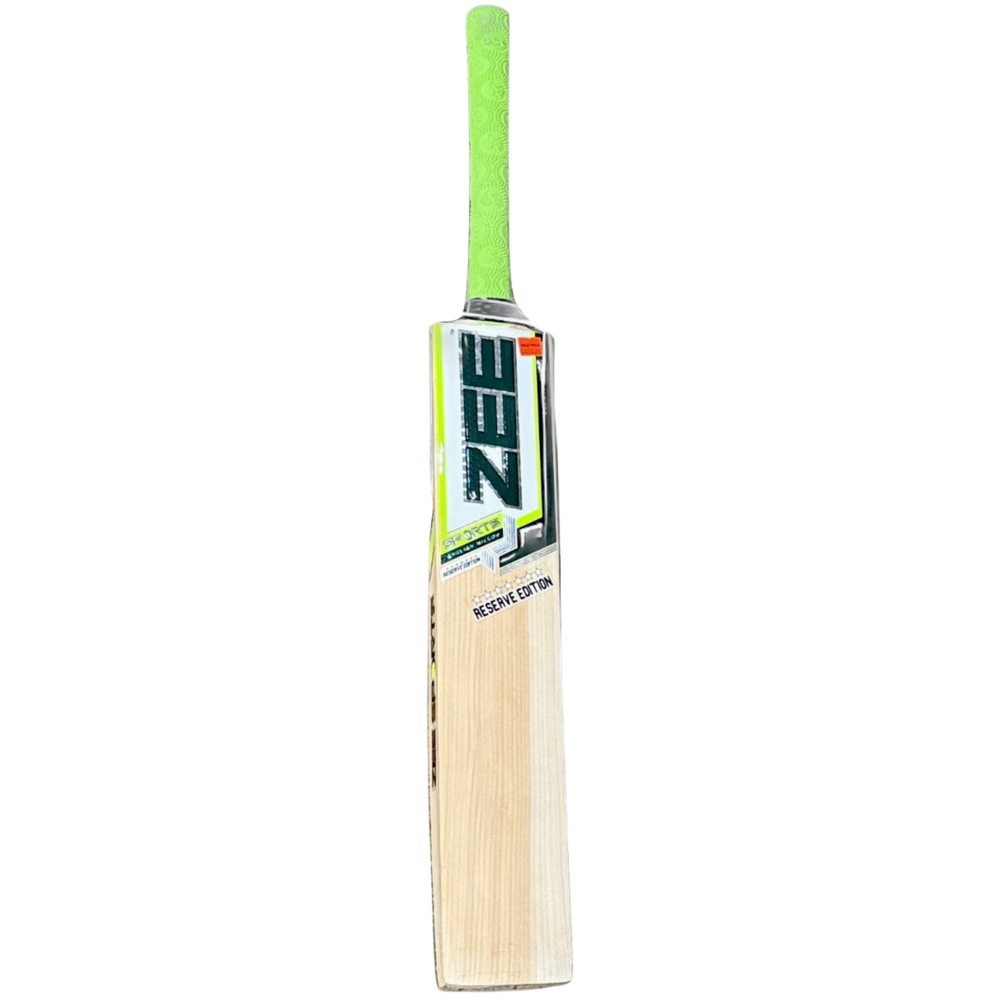 Cricket bat with a green handle and visible branding on a white background
