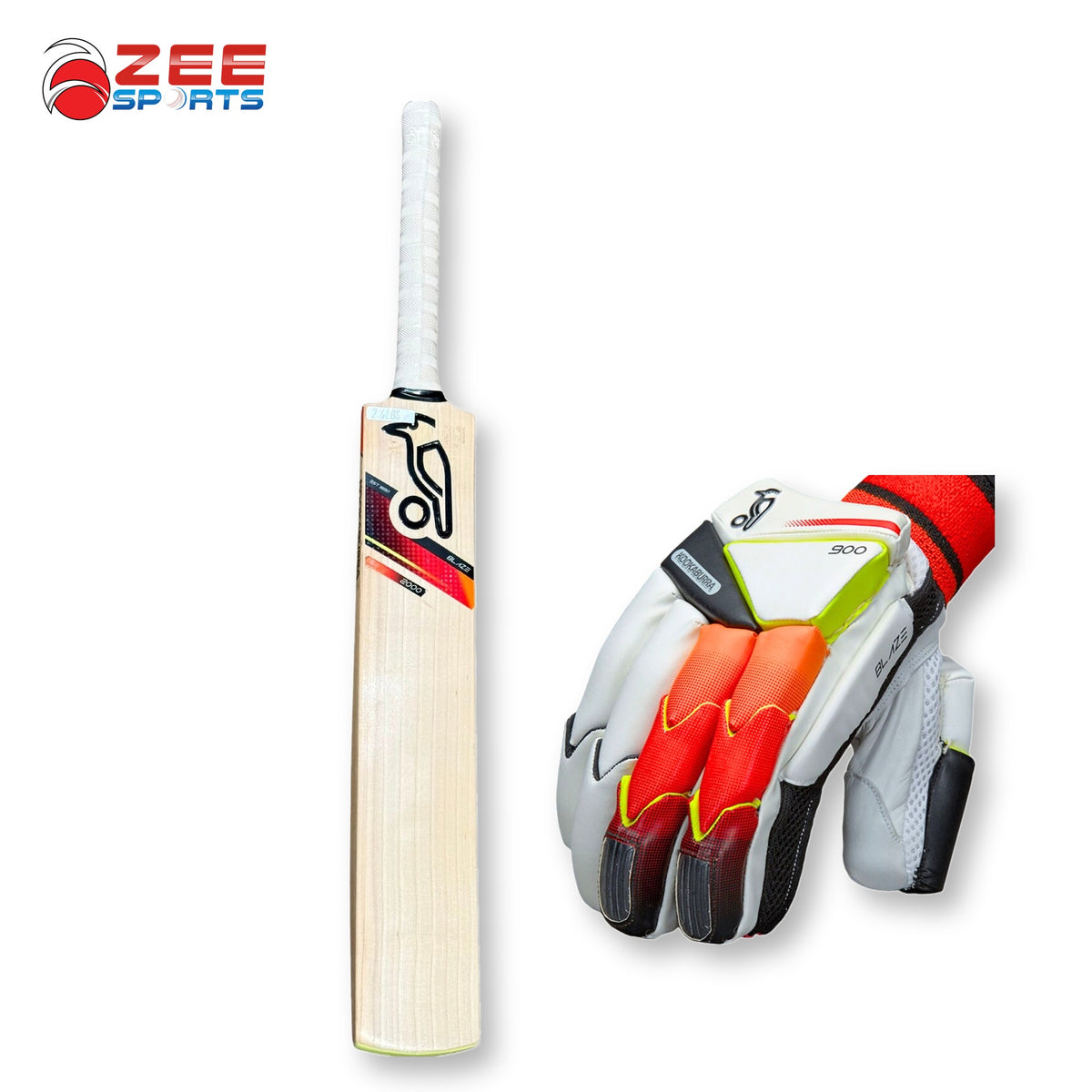 Kookaburra Blaze 2000 bat back view with Blaze 900 batting gloves