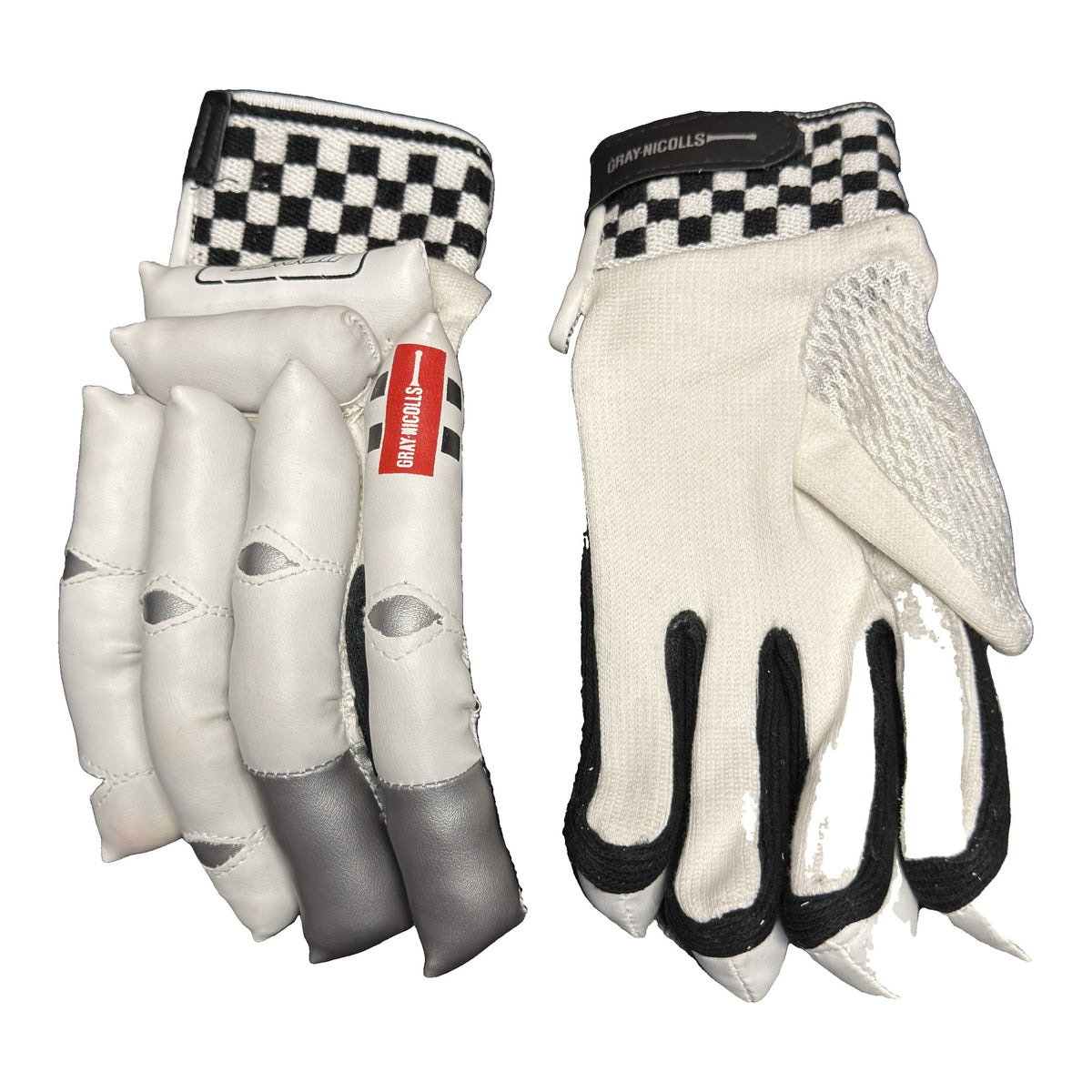 Gray-Nicolls Oblivion batting gloves, back of one glove and white cotton palm of the other