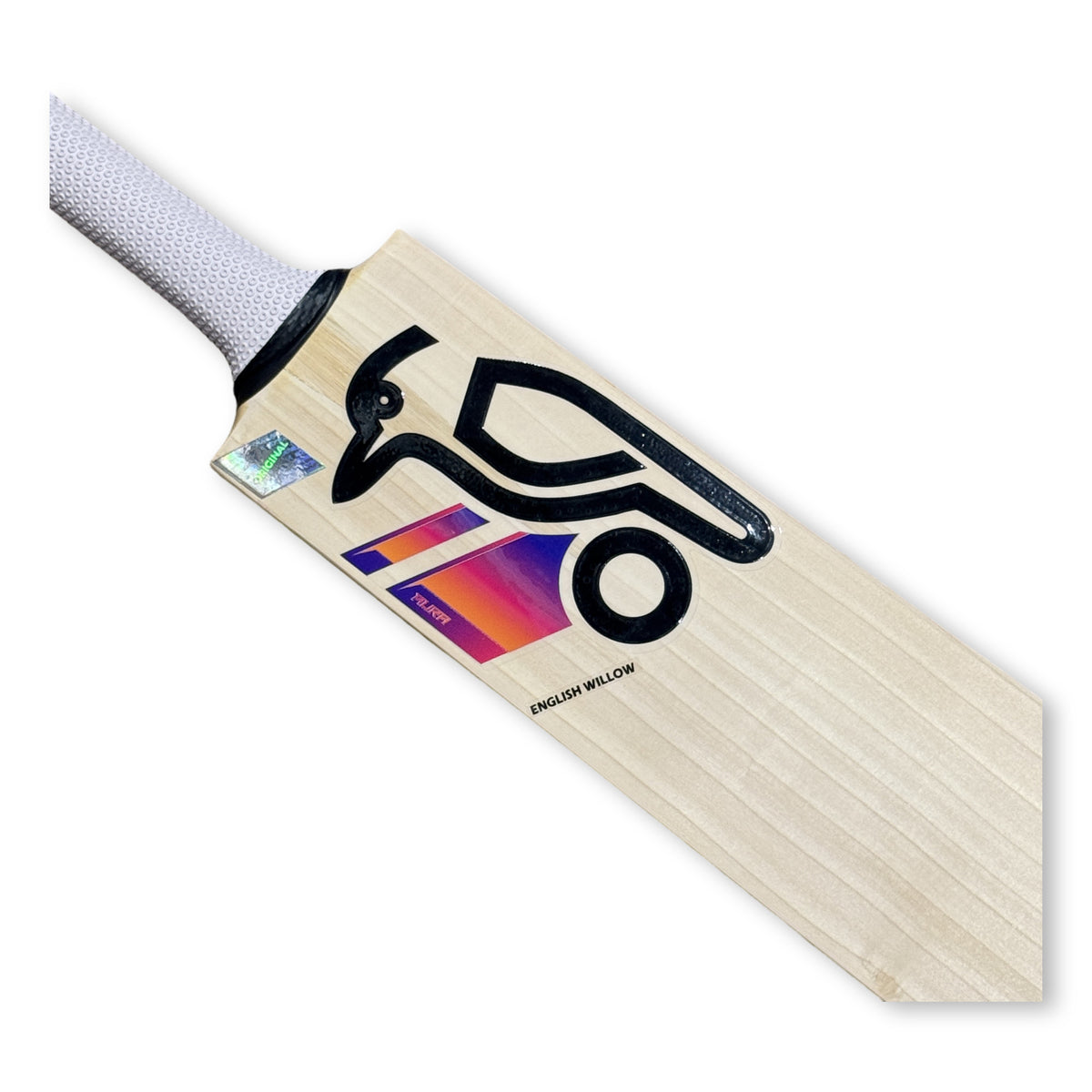 Kookaburra Aura cricket bat shoulder with Kookaburra logo and original hologram close-up