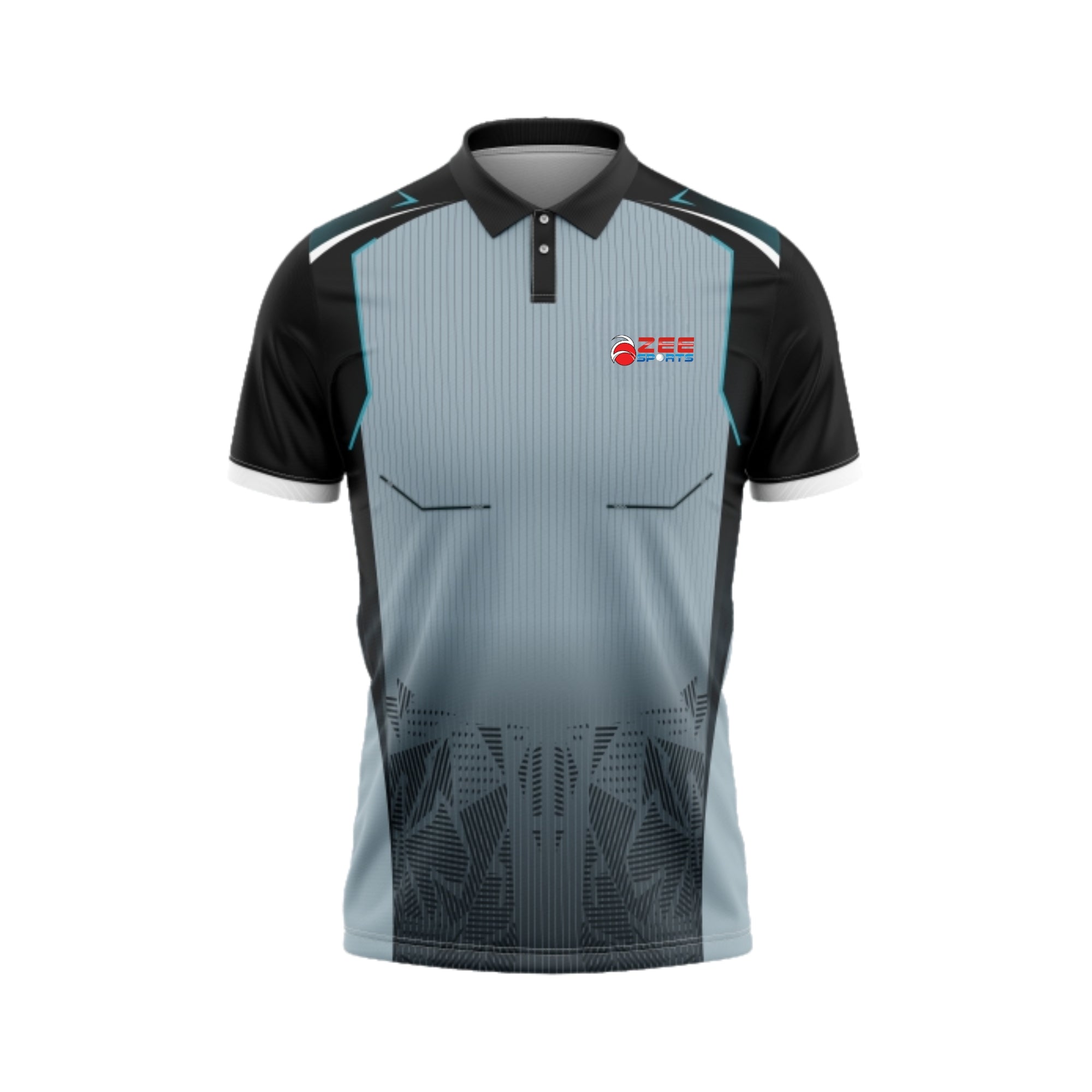 Gray and black sports shirt with a logo on a white background