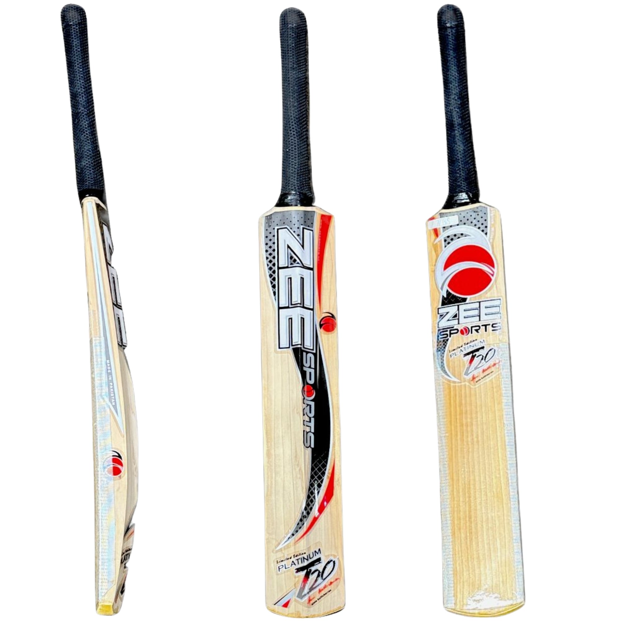 Three cricket bats with ZEB branding on a white background