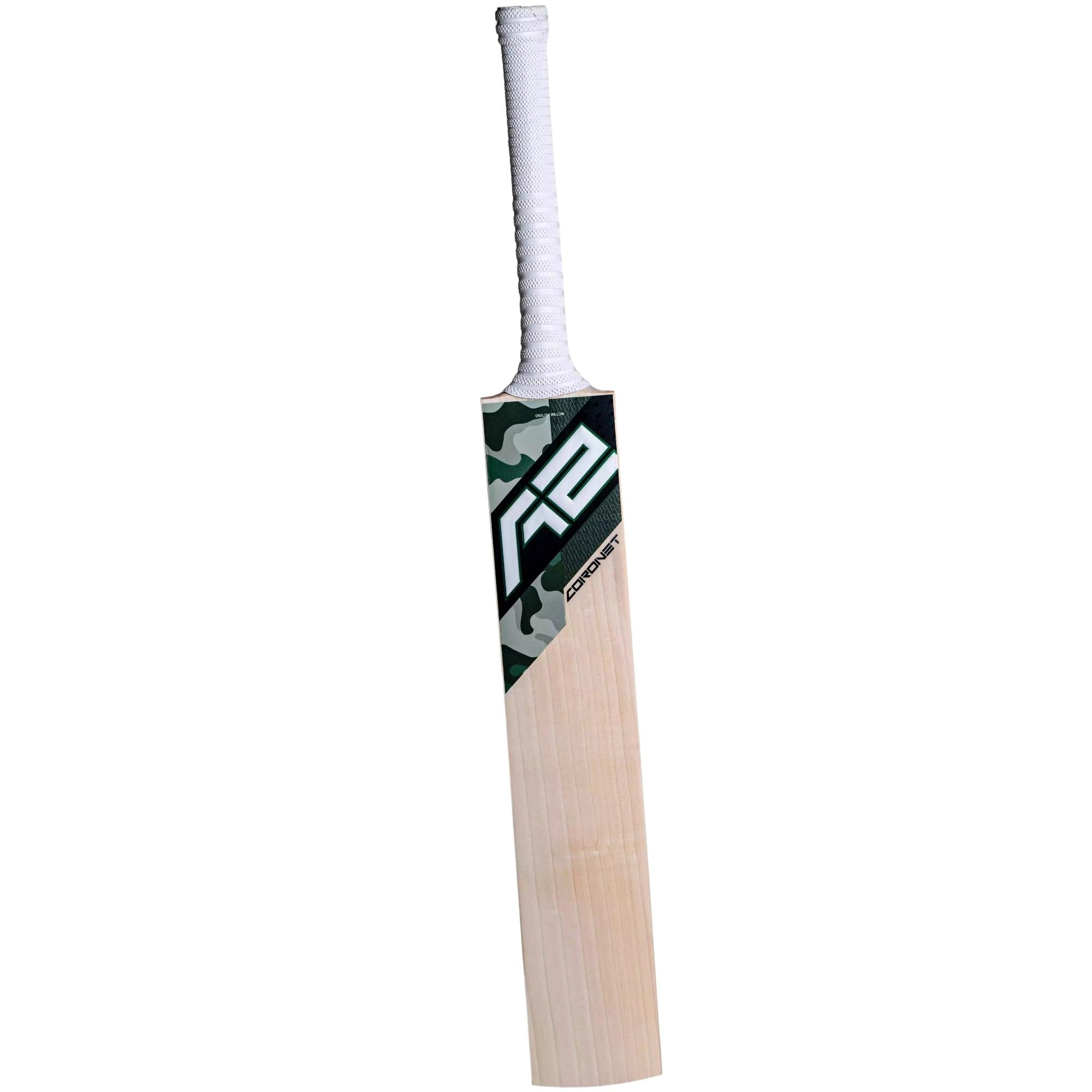 Back view of the A2 Coronet Grade-1 English Willow cricket bat, displaying the high extended spine, duck-bill profile, and premium craftsmanship for powerful strokes.