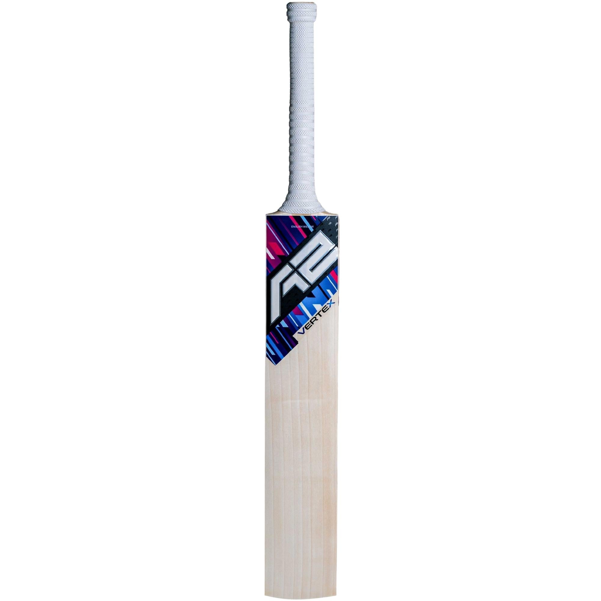 Back view of the A2 Vertex Grade-2 cricket bat, highlighting its high spine, semi duckbill charge profile, and minimal concaving for optimal balance and enhanced rebound.