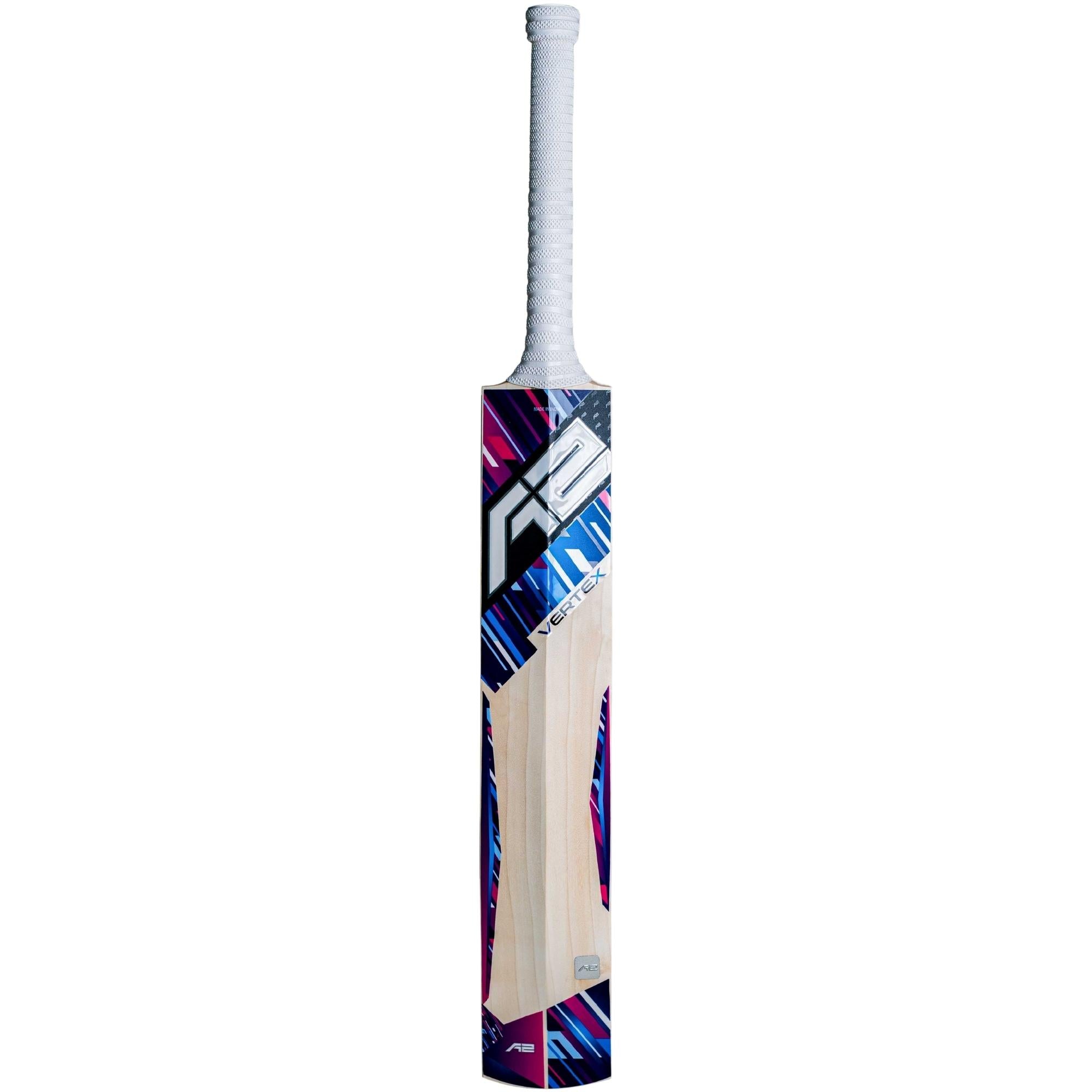 Front view of the A2 Vertex Grade-2 English Willow cricket bat, showcasing its semi-flat face, extended sweet spot, and thick edges for powerful strokes and exceptional performance.