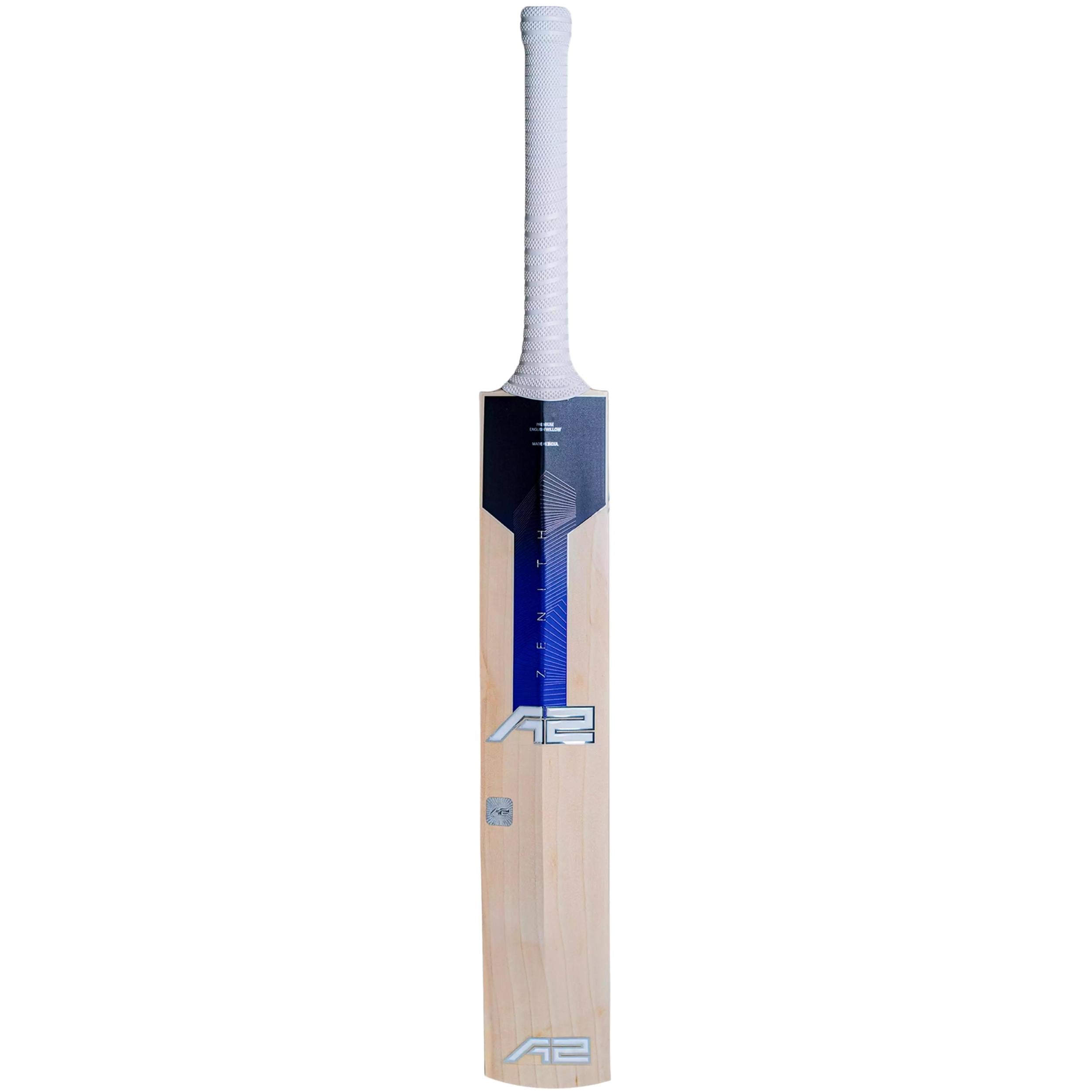 Front view of the A2 Zenith Grade-1 English Willow cricket bat, showcasing its semi-flat face, thick edges, and premium Grade 1+ willow grains for optimal power and precision.